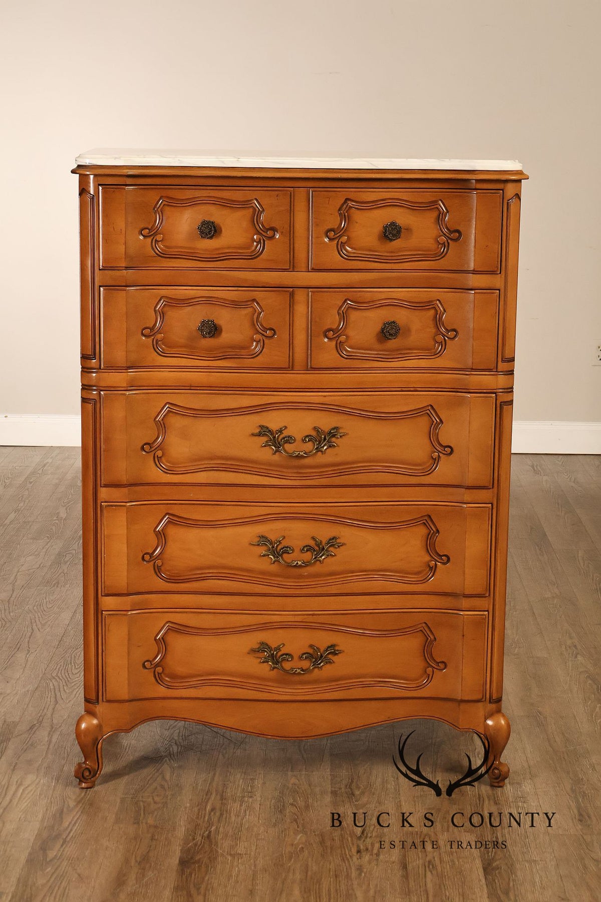 French Provincial Style Marble Top Tall Chest Of Drawers