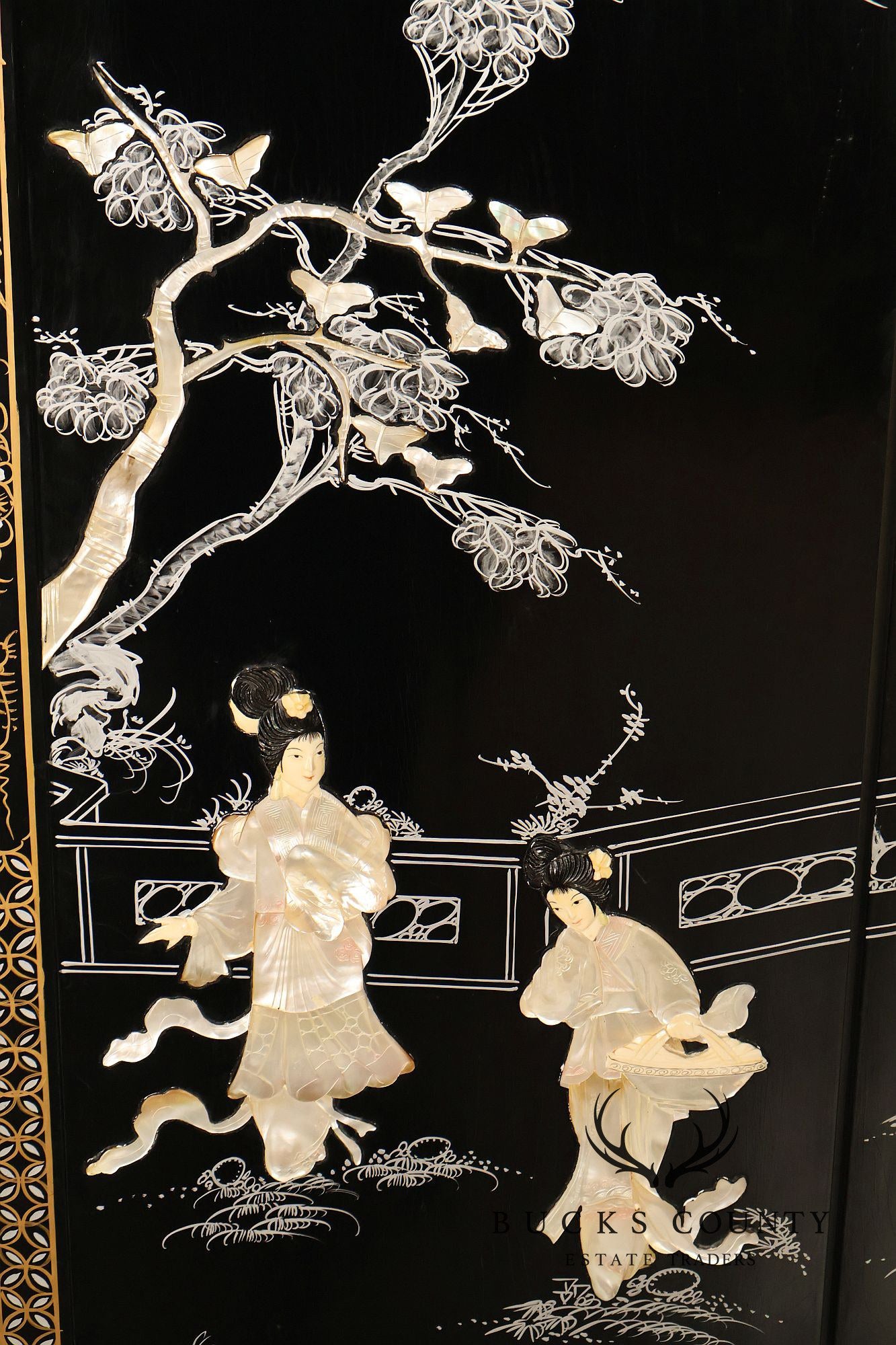 Asian Black Lacquer Vintage Pair Of Four Panel Folding Screens With Mother Of Pearl Inlay