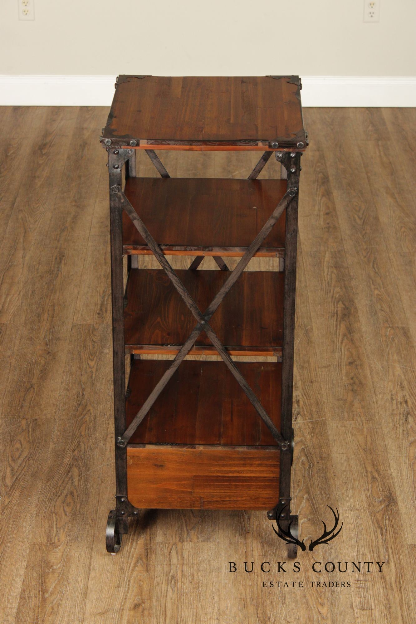 Industrial Rustic Pine And Iron Rolling Shelf With Drawer