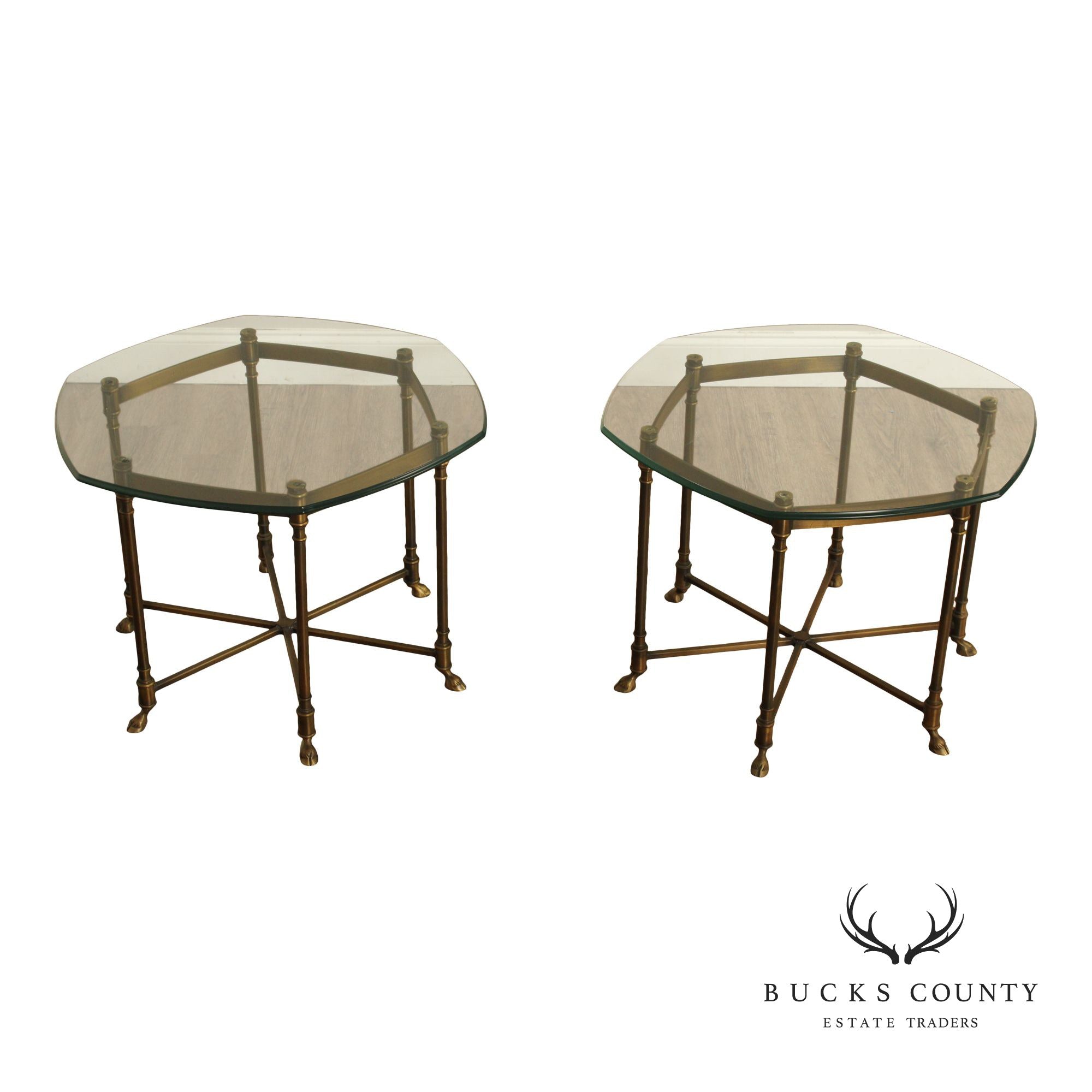 Hollywood Regency Vintage Italian Pair of Glass Top Brass Side Tables