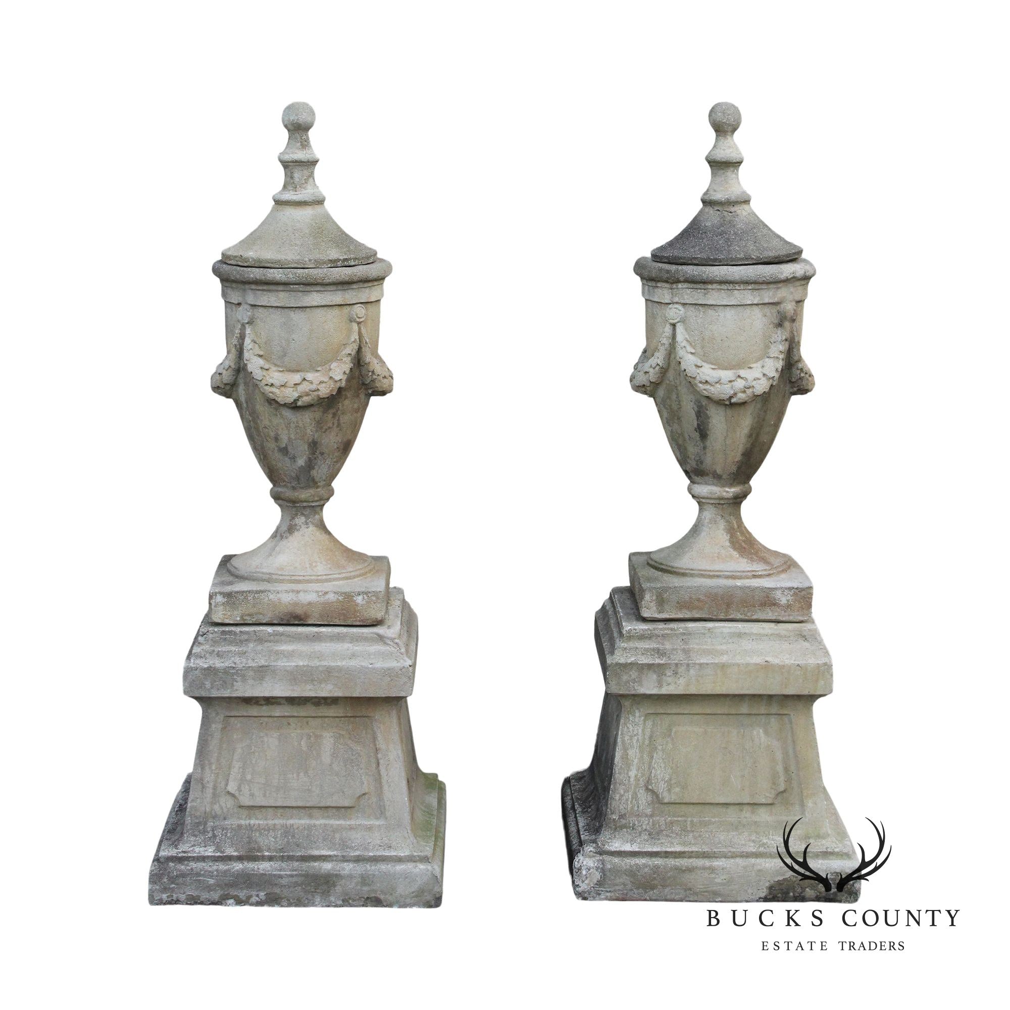 Pair Of Neoclassical Style Cast Stone Garden Urns On Pedestals
