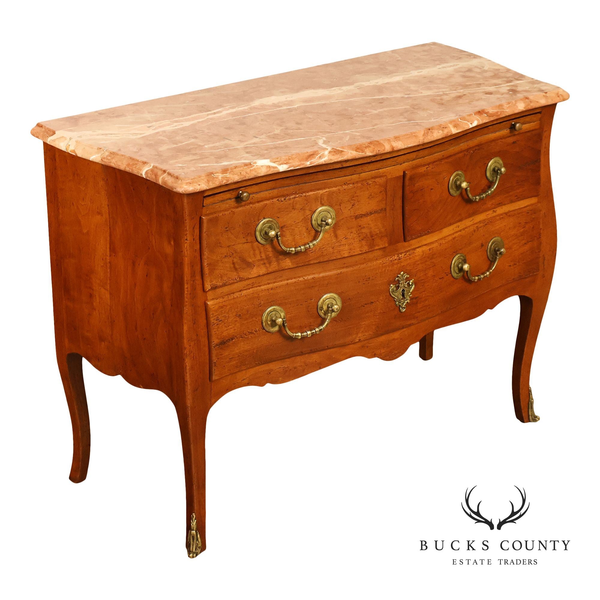 Don Ruseau French Louis XV Style Walnut Marble Top Commode