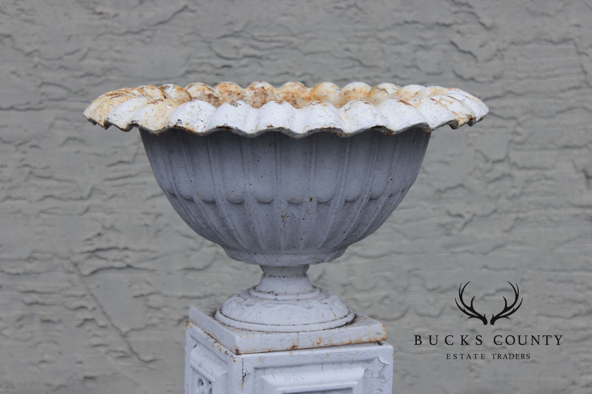 Vintage Pair of Painted Cast Iron Garden Urns on Stands