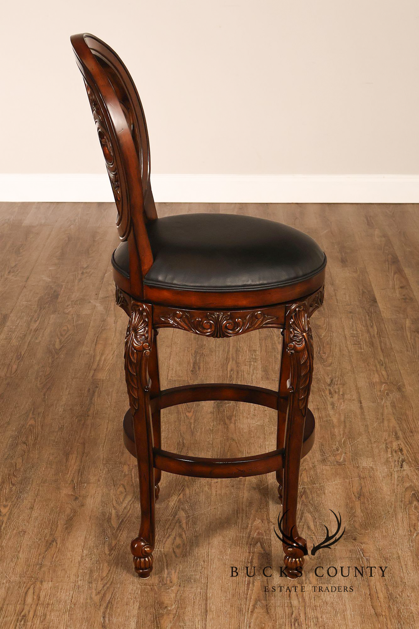 Quality Set Of Four Carved Mahogany Swivel Bar Stools