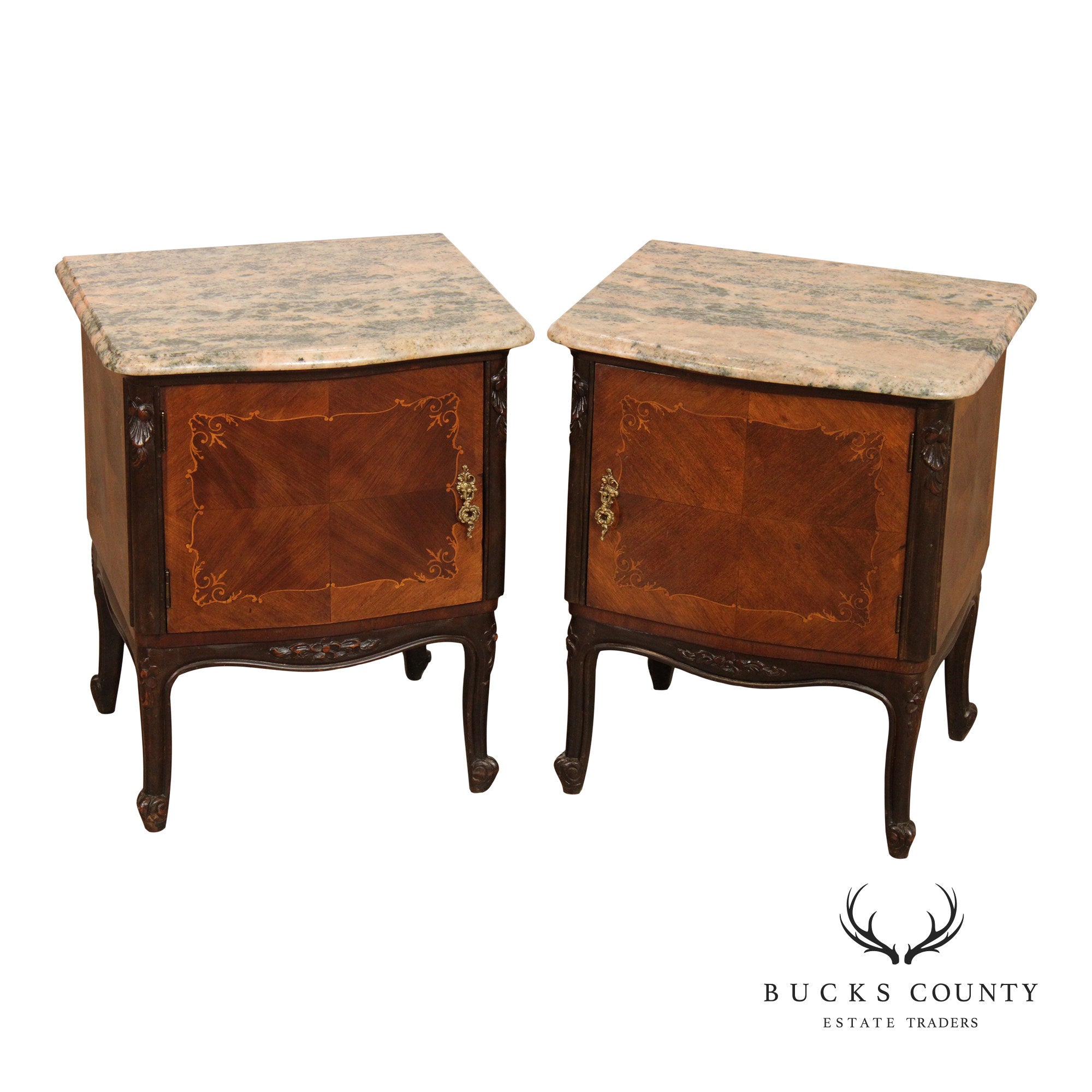 Italian Rococo Style Pair of Marble Top Nightstands