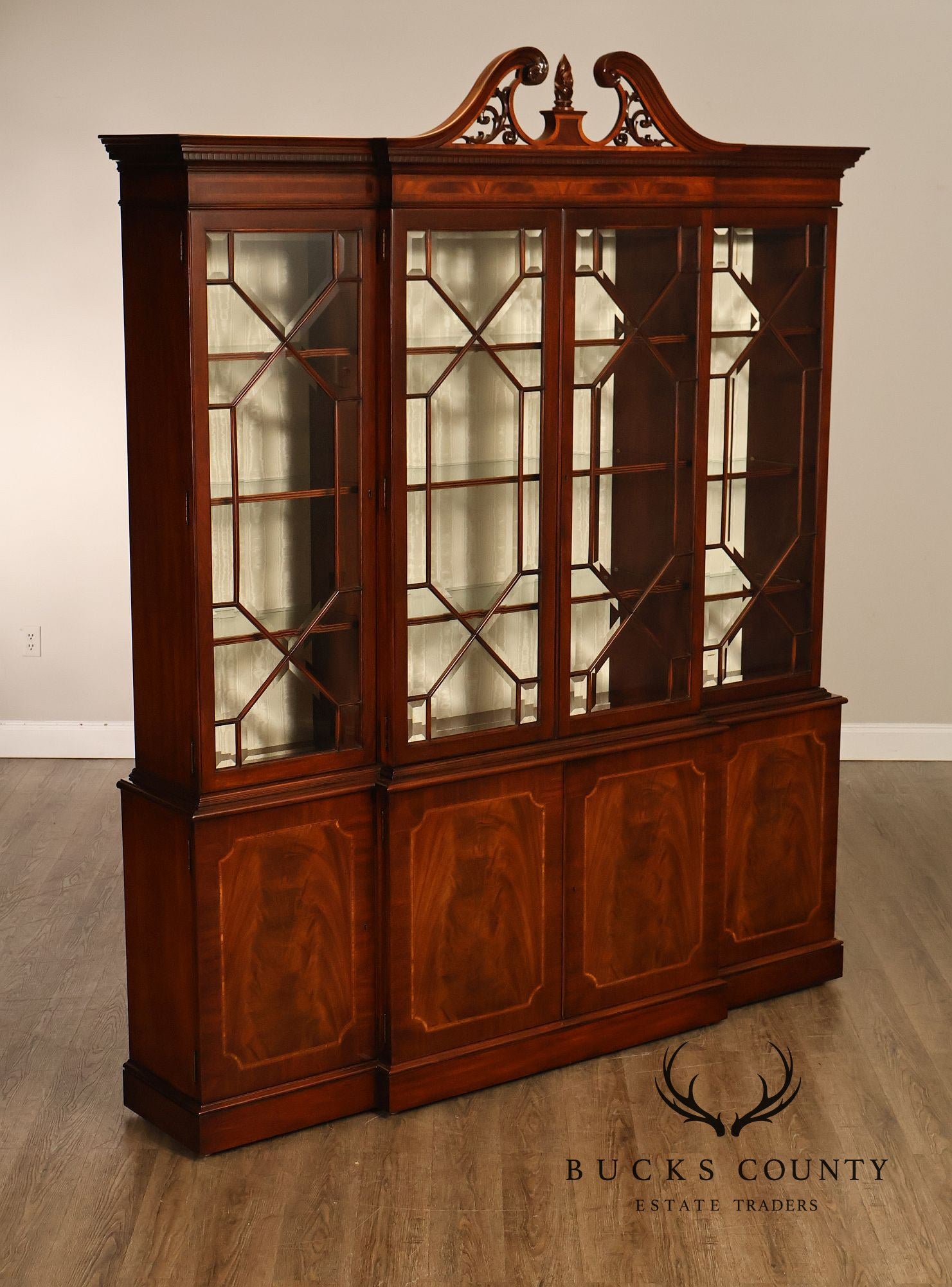Karges English Style Mahogany Breakfront China Cabinet Display Bookcase with Carved Pediment and Silk Backing