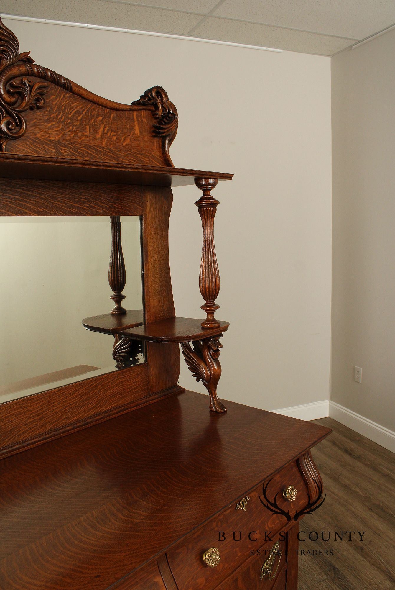 Antique Victorian Renaissance Revival Mirrored Oak Sideboard