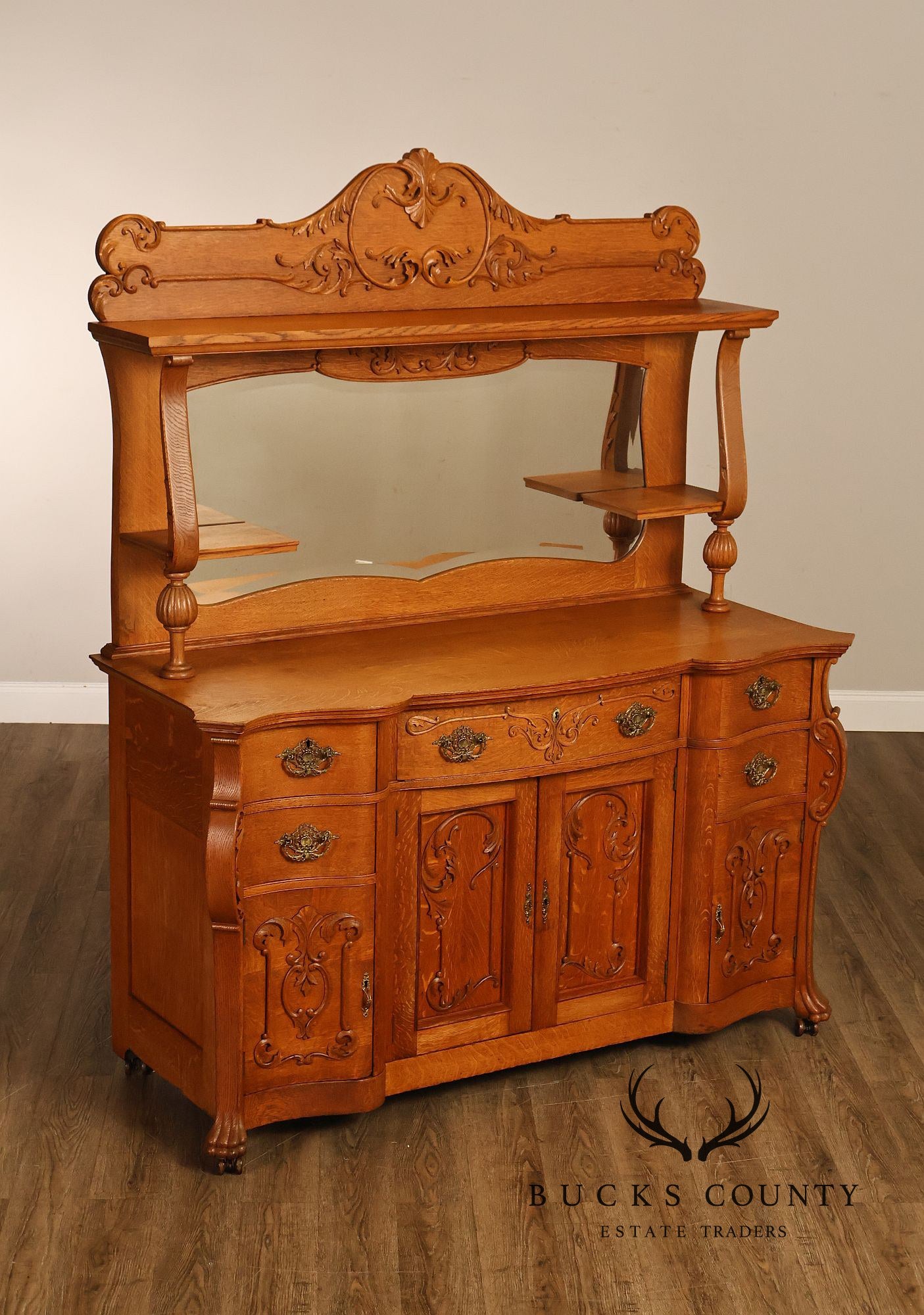 Antique Renaissance Revival Oak Sideboard with Mirrored Back
