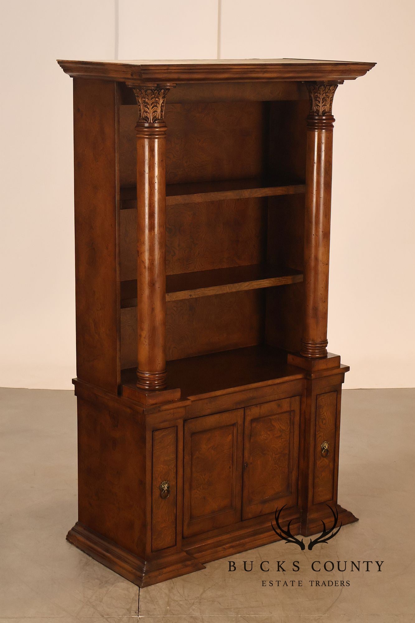 Large Classical Style Burl Wood Open Bookcase With Corinthian Columns