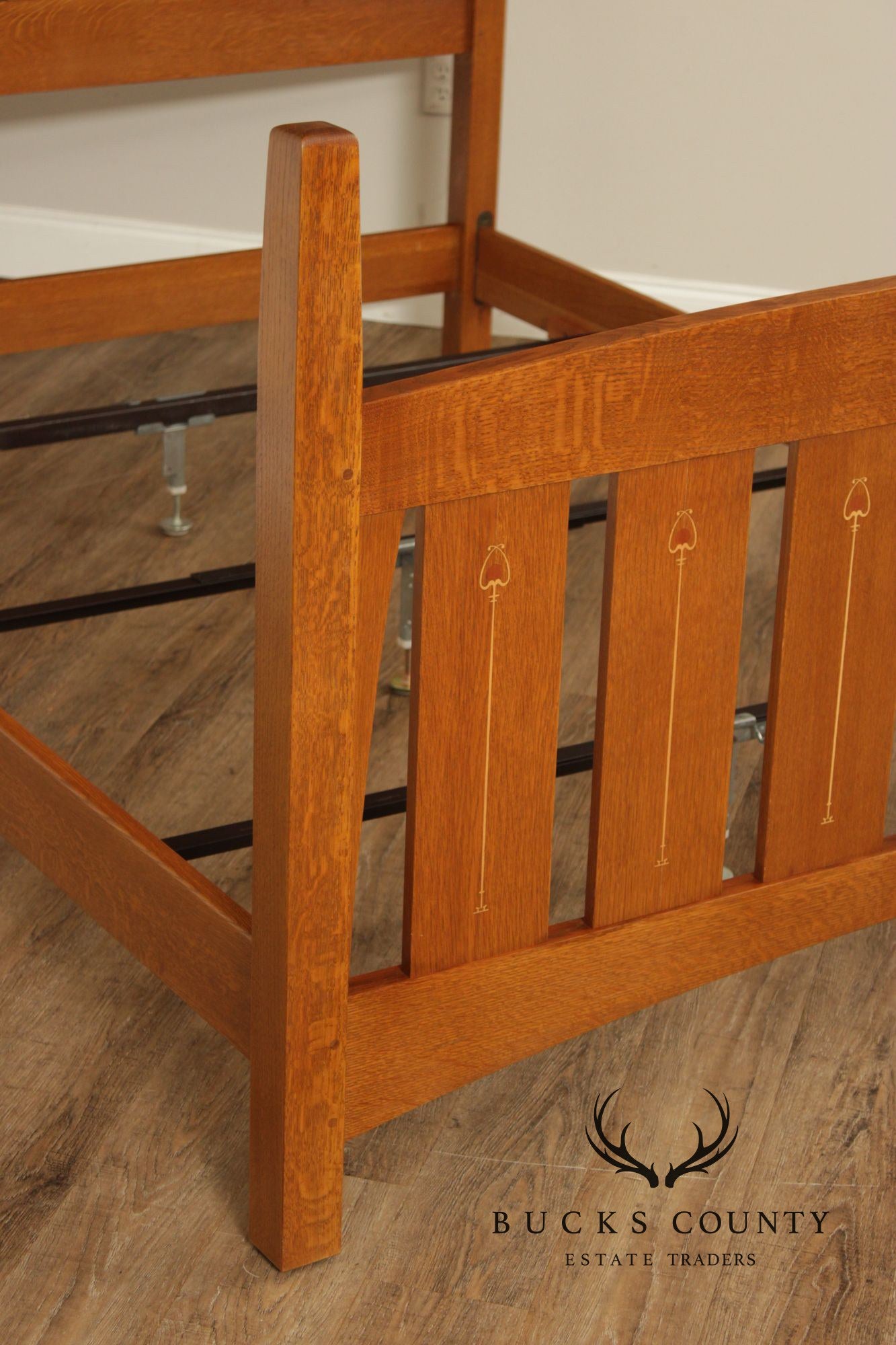 Stickley Mission Collection Harvey Ellis Inlaid Oak Queen Bed
