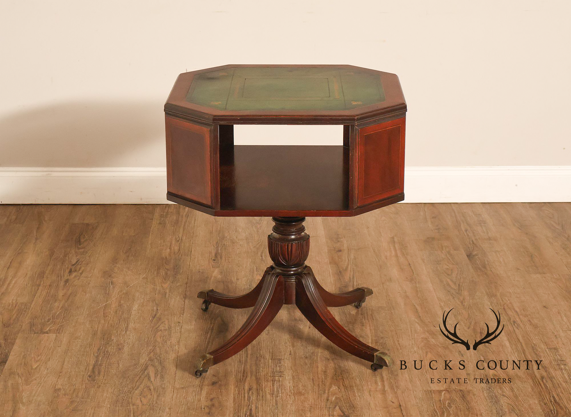 1940's Vintage Pair of Regency Style Mahogany Green Leather Top Pedestal Side Tables