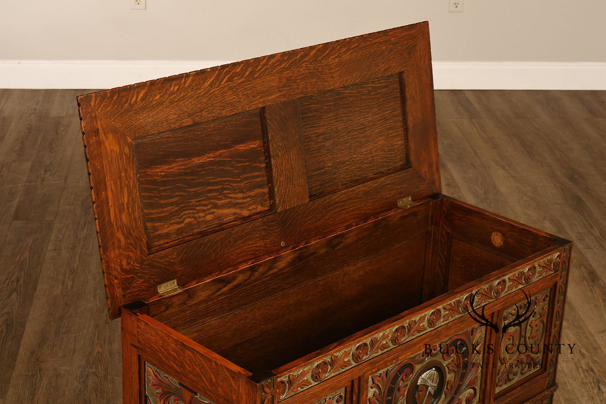 Berkey & Gay Carved And Painted Oak Spanish Revival Storage Chest