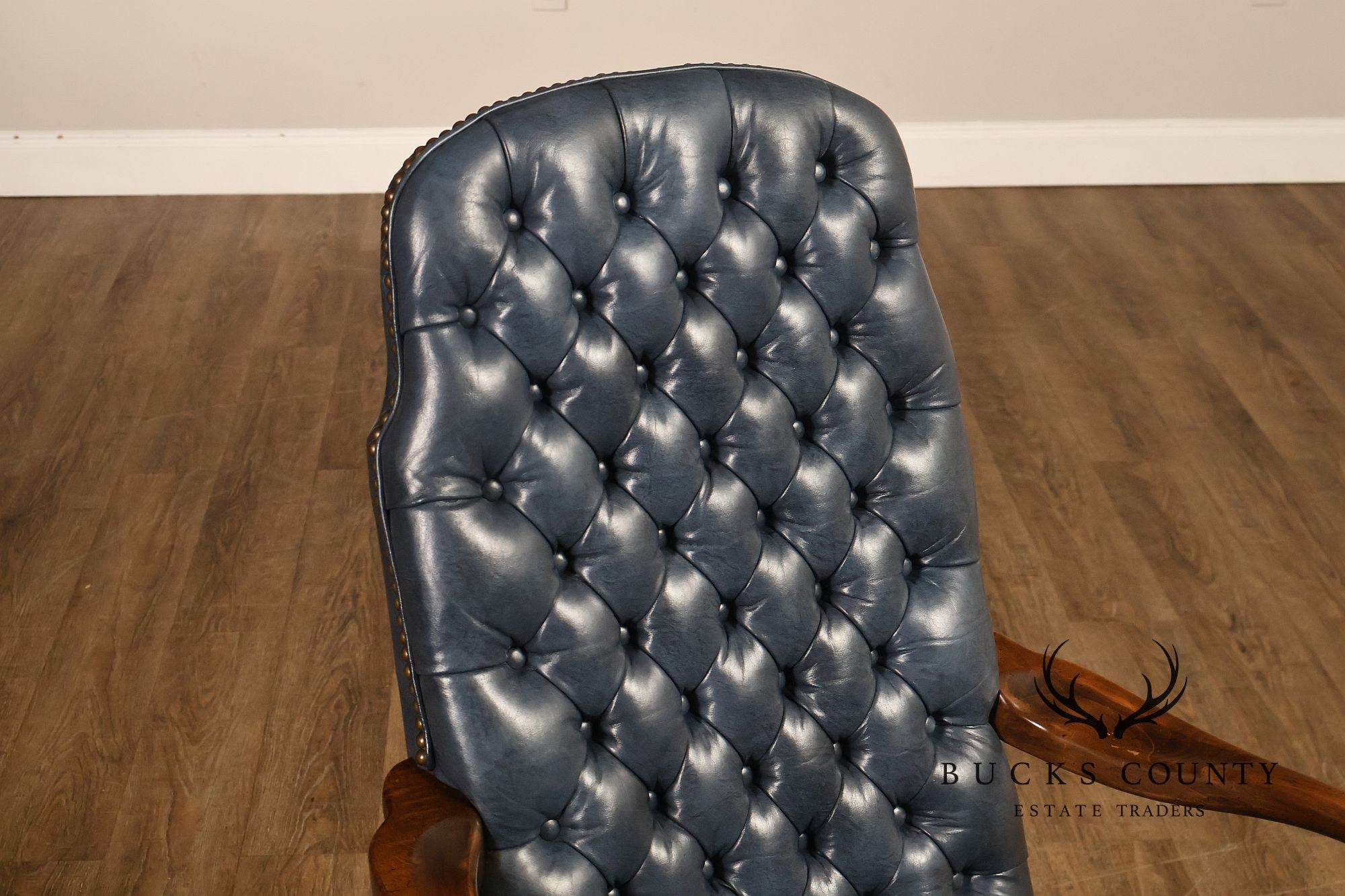 Ethan Allen Queen Anne Style Pair of Tufted Leather Library Armchairs