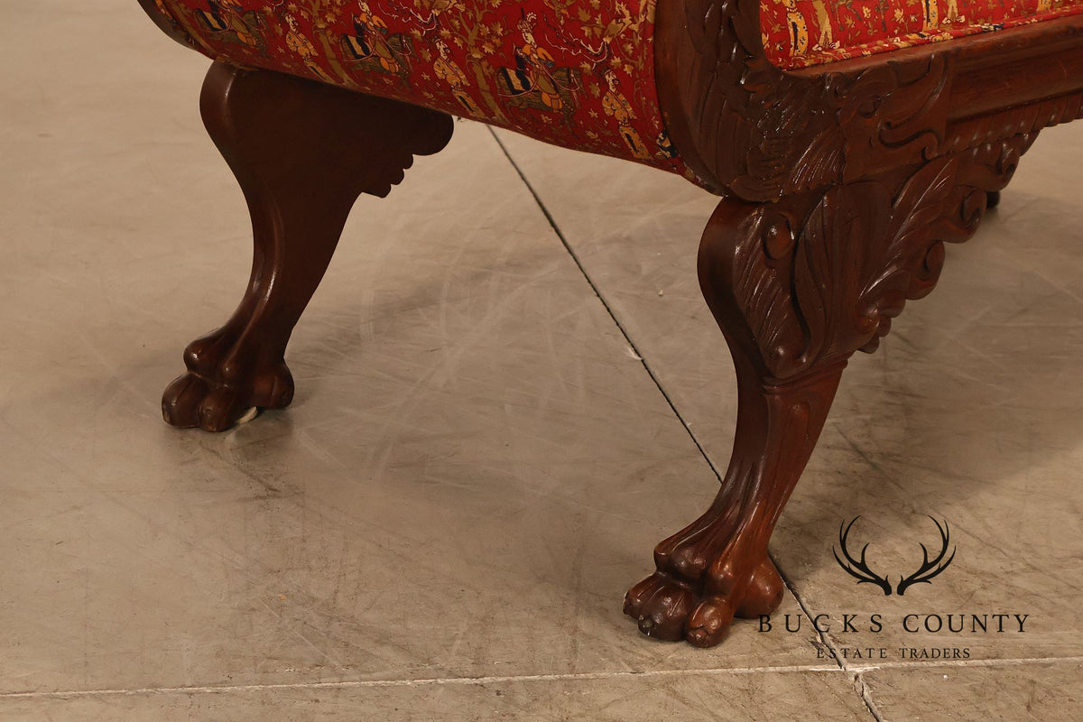 Antique American Empire Carved Mahogany Sofa With Scrolled Arms And Lion Paw Feet