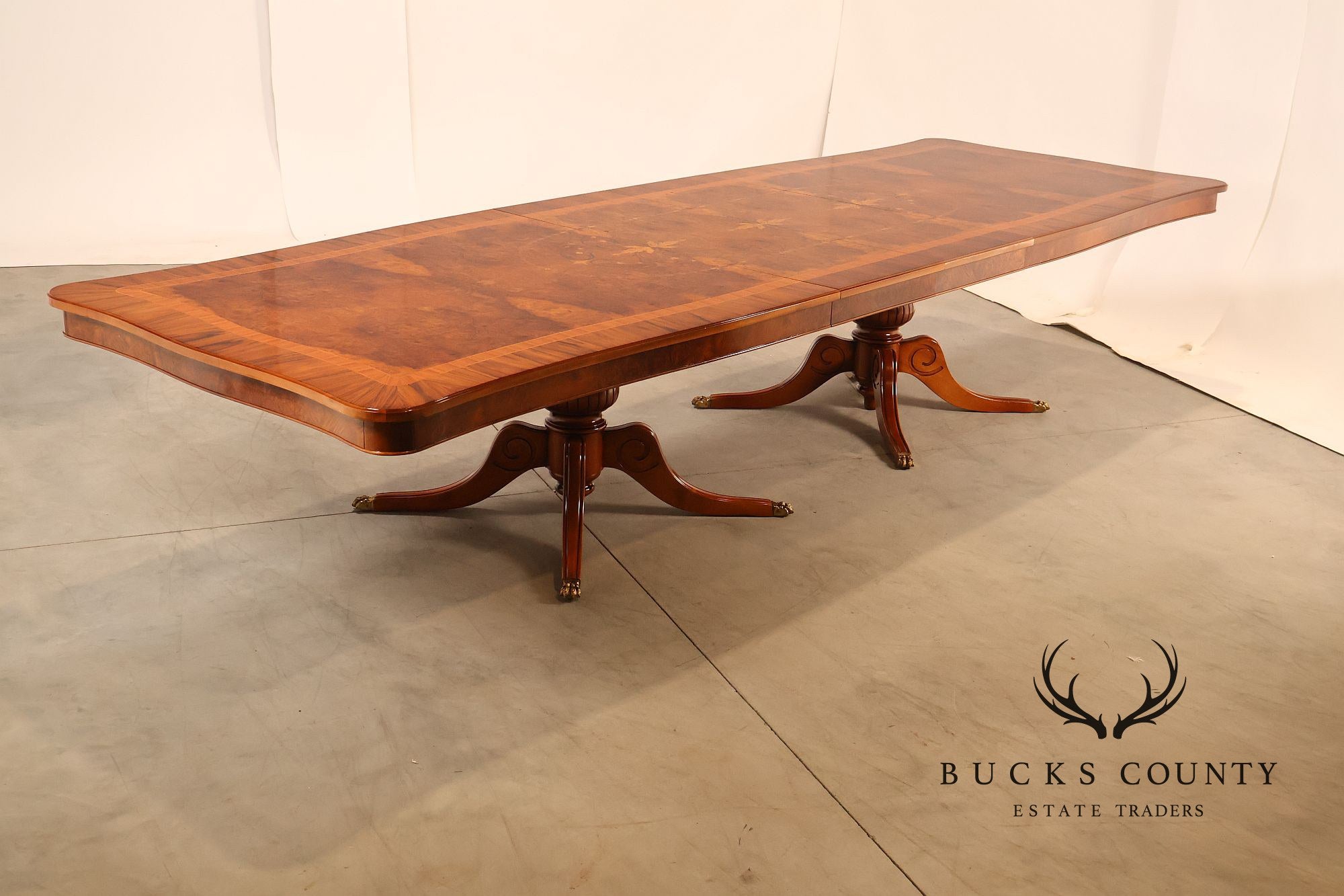 Exceptional Italian Burlwood Inlaid Double Pedestal Extendable Dining Table