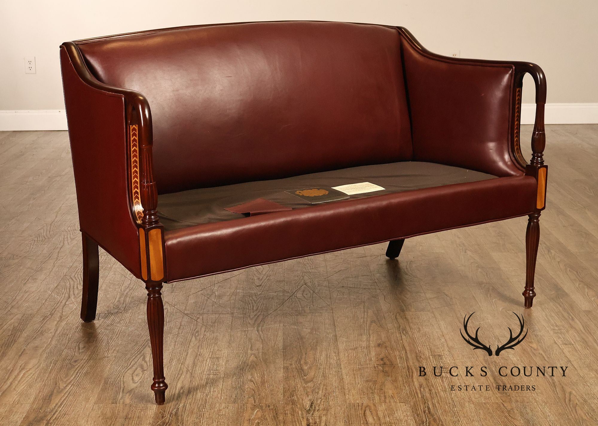 Hancock & Moore Sheraton Style Inlaid Mahogany Leather Settee