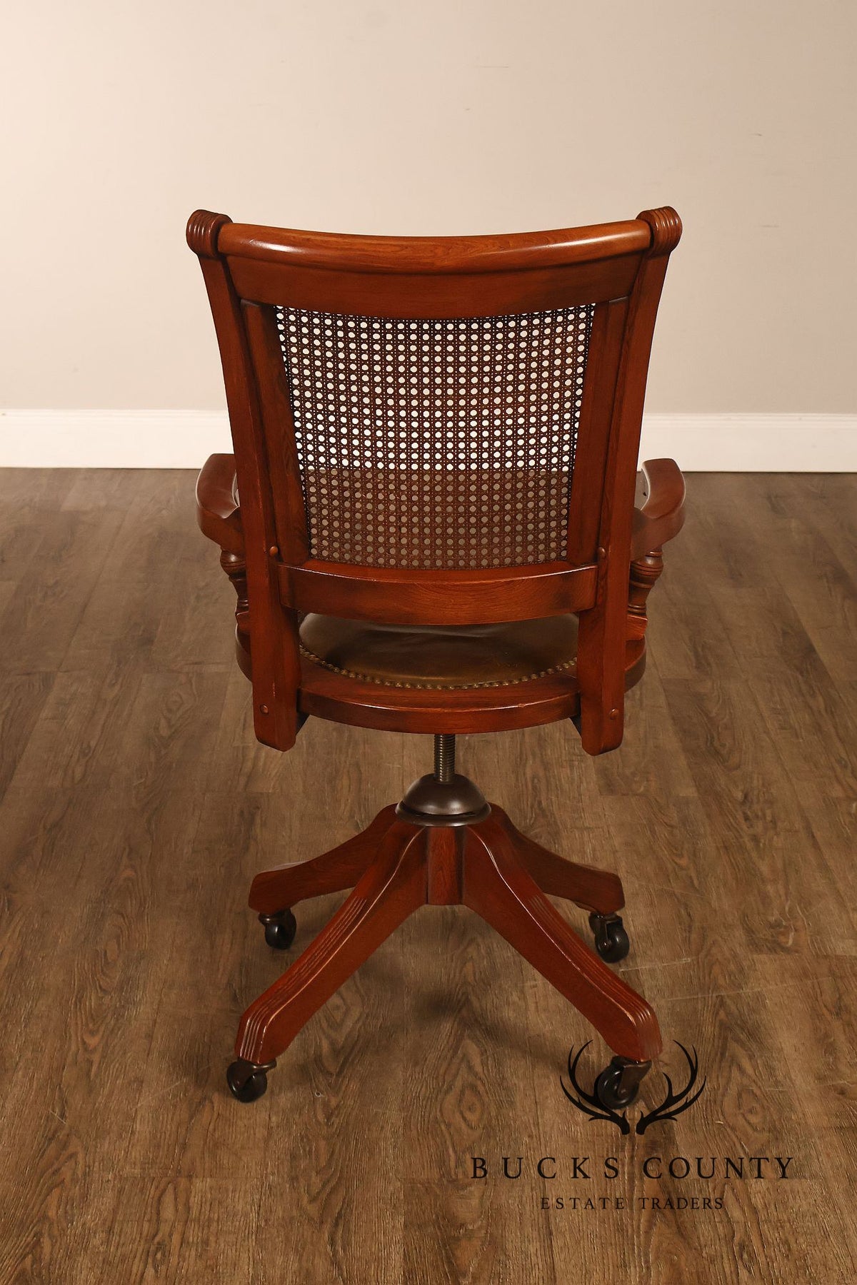 Vintage Leather and Cane Swivel Office Armchair