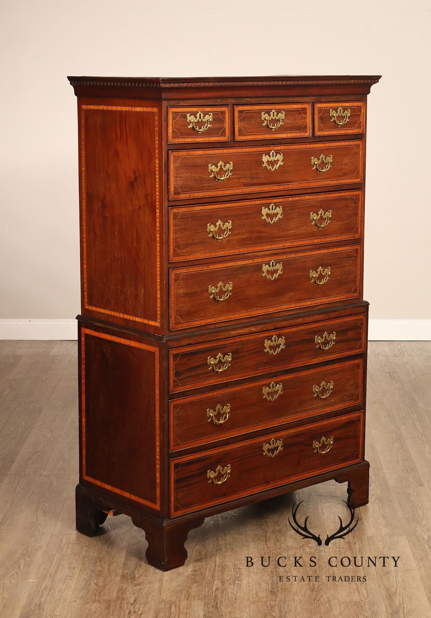 Antique Georgian Style Inlaid Mahogany Chest On Chest