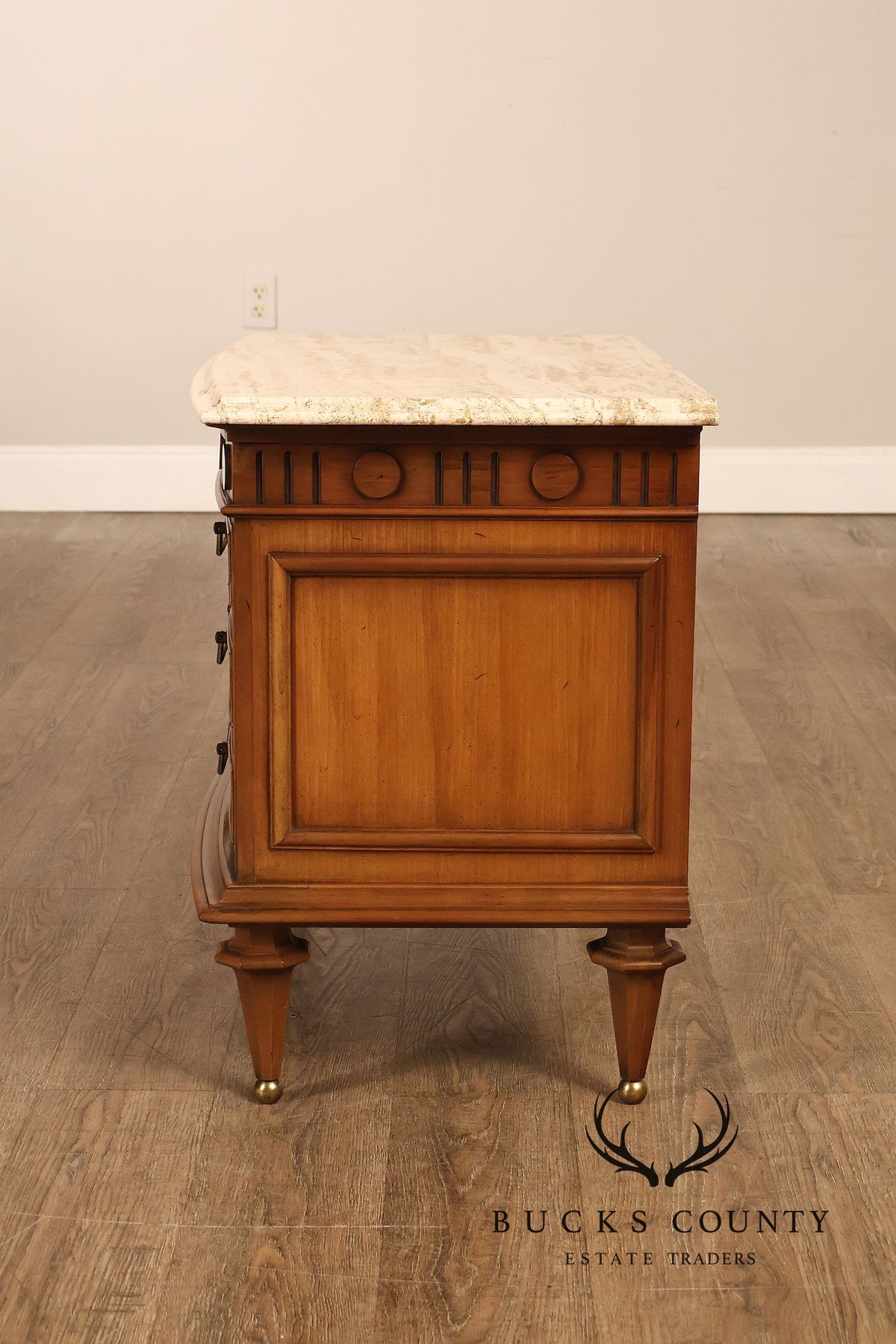 Pair Of Neoclassical Style Marble Top Three Drawer Nightstands