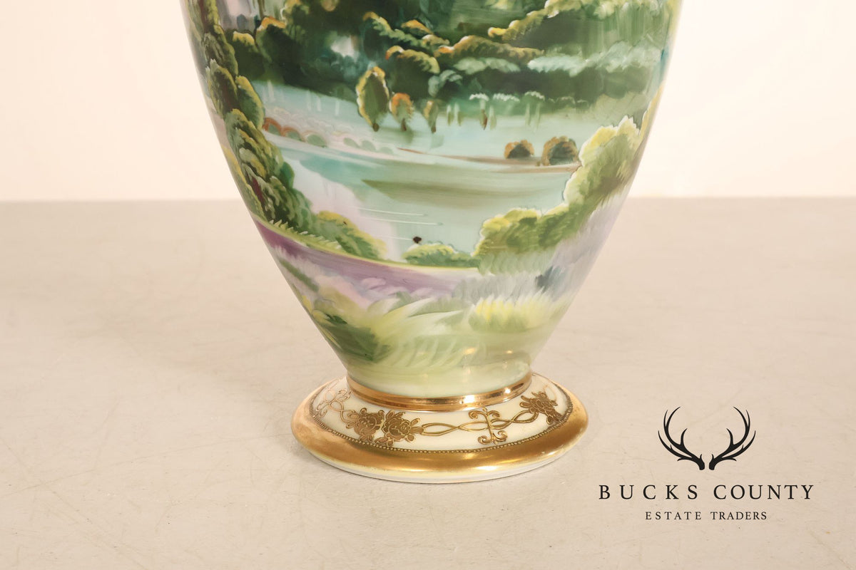 Antique Hand Painted Nippon Porcelain Twin Handle Landscape Urn With Gilt Decoration