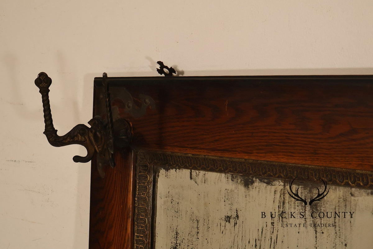 Antique Victorian Oak Wall Mirror With Cast Iron Coat Hooks