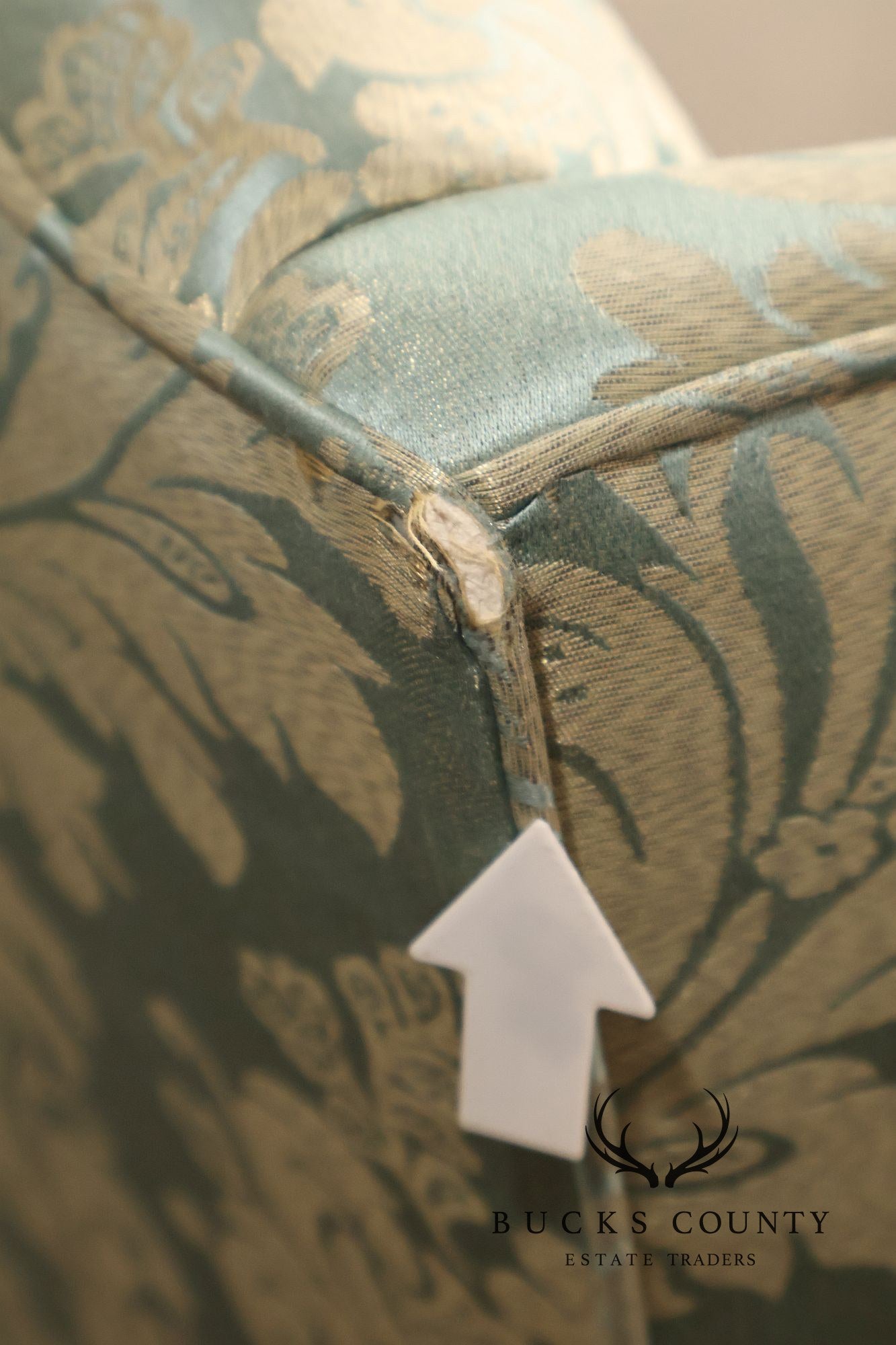 Quality Vintage Pair Of High Back Damask Upholstered Wing Chairs