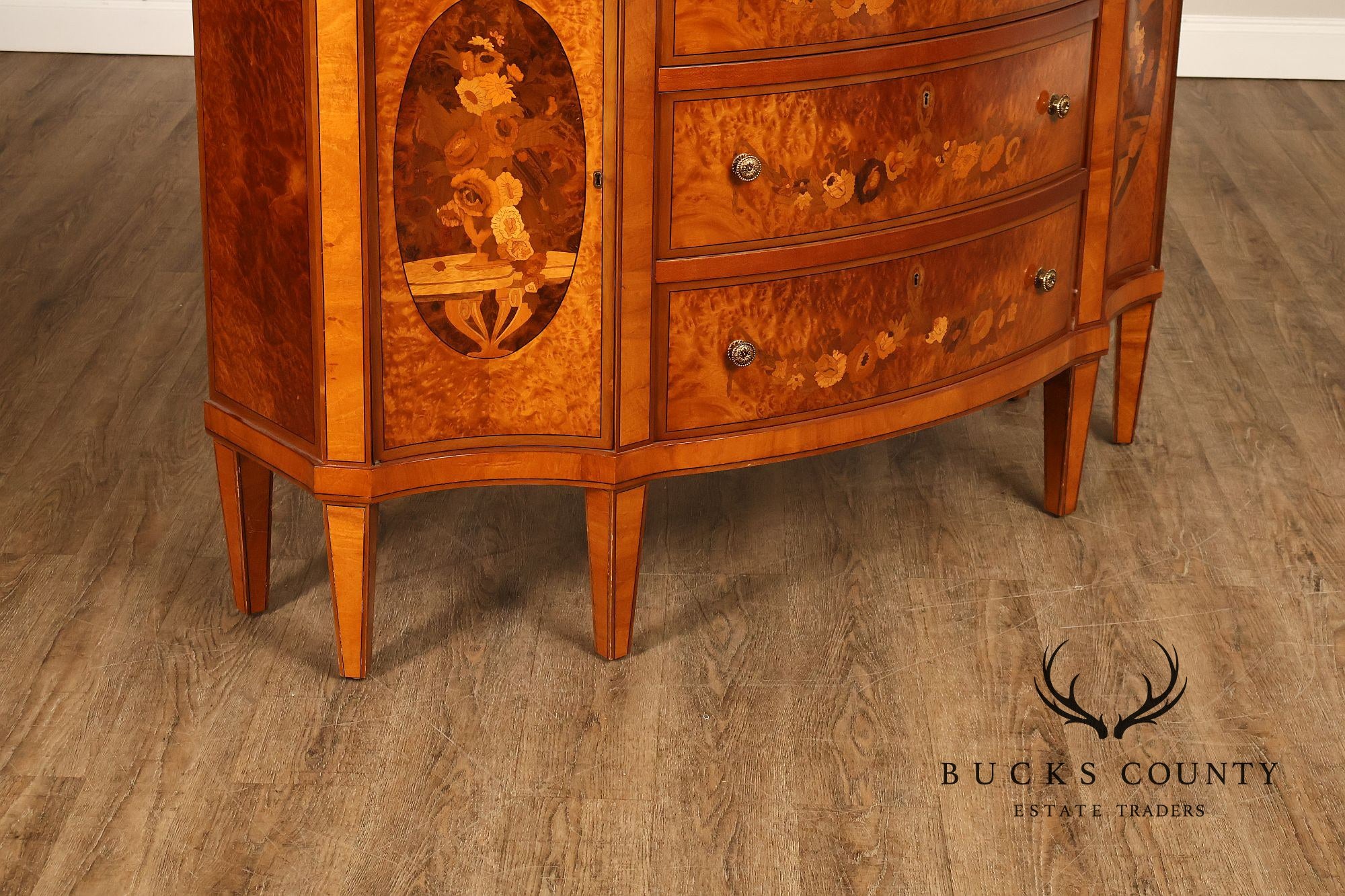 Italian Neoclassical Style Pair of Burl Wood Inlaid Sideboards