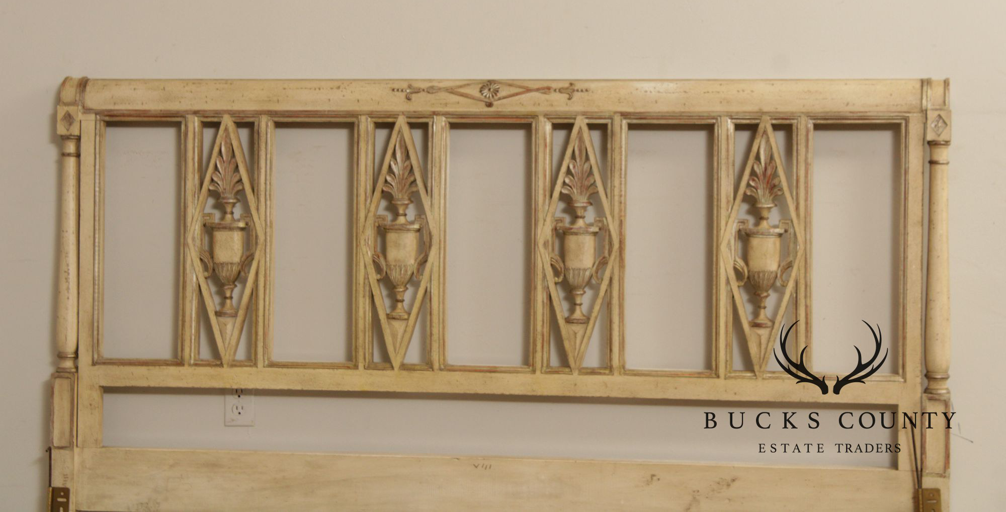 French Neoclassical Directoire Style Distress Painted King Headboard
