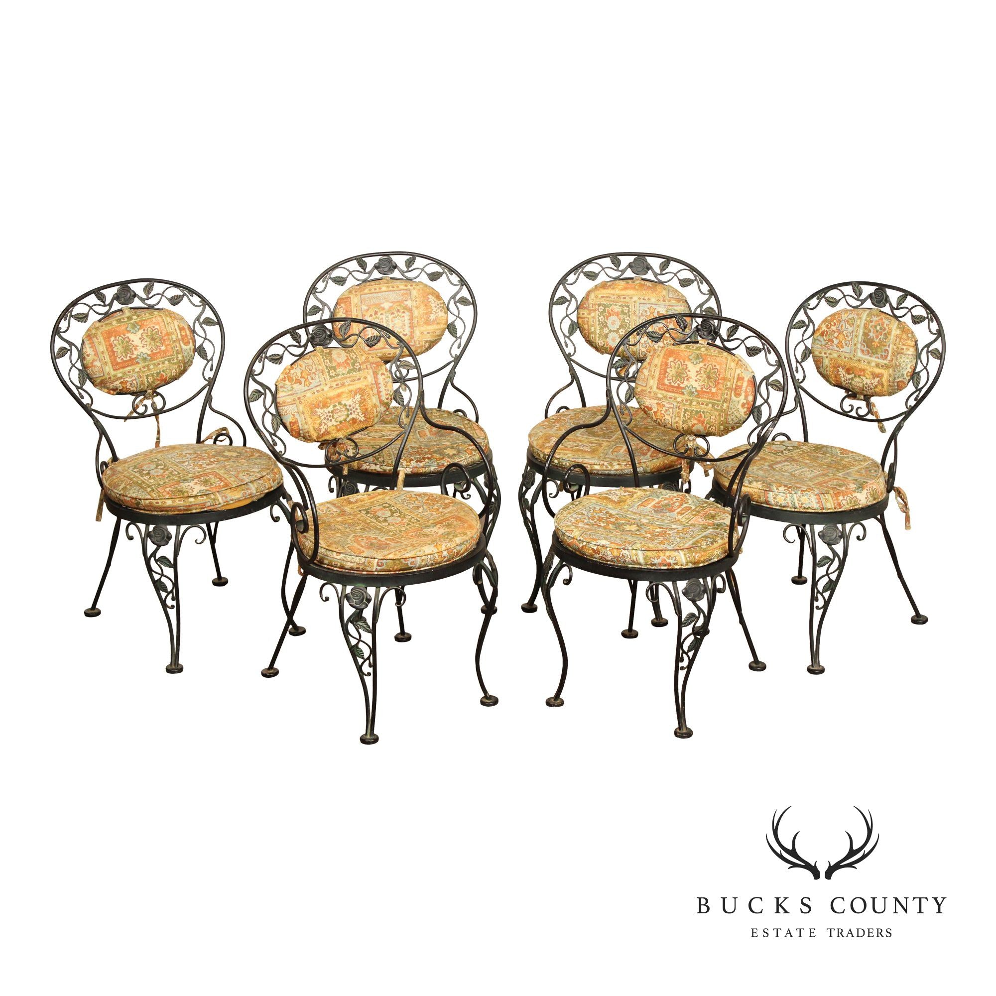Woodard 'Chantilly Rose' Vintage Set of Six Wrought Iron Dining Chairs