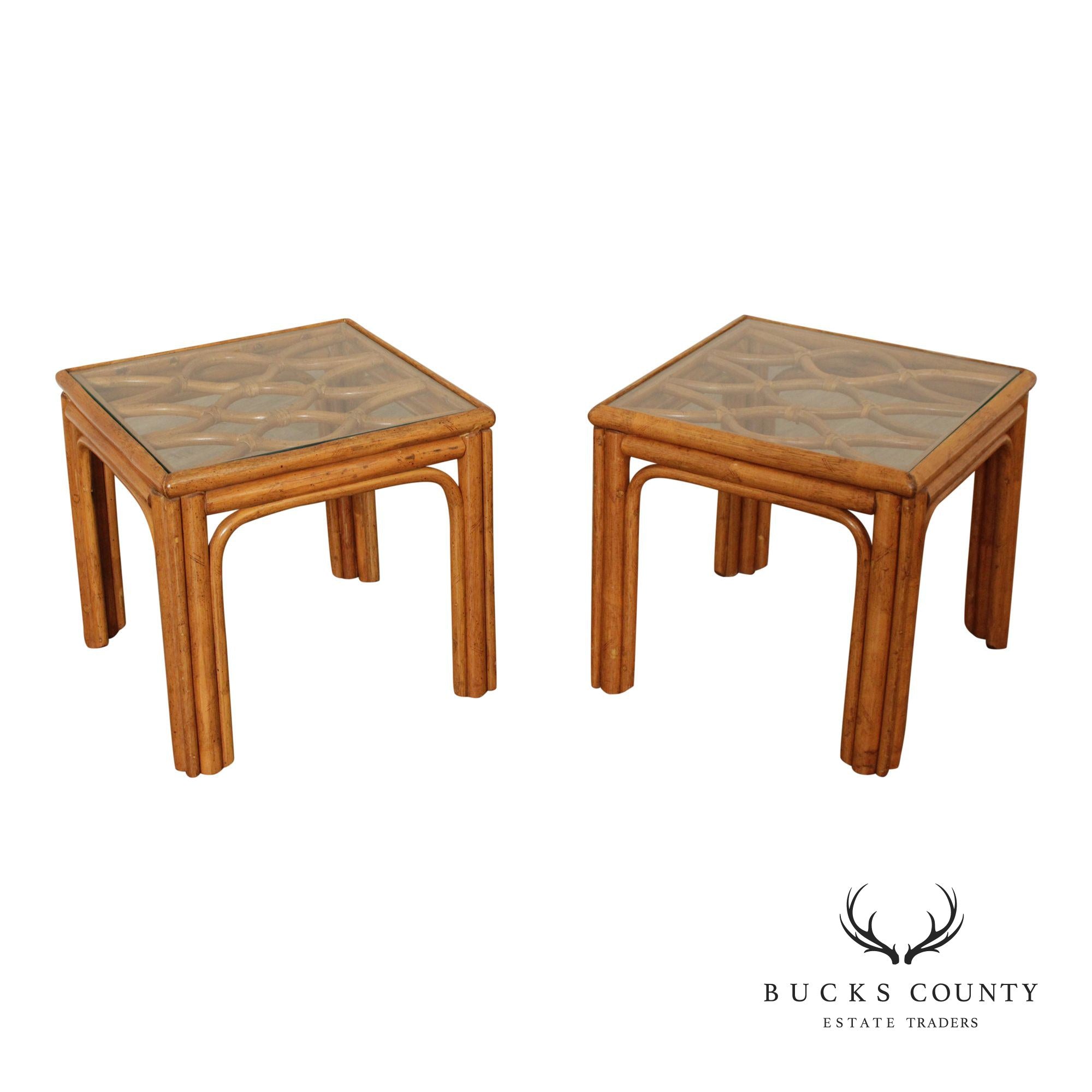 Hollywood Regency Pair of Glass Top Rattan End Tables