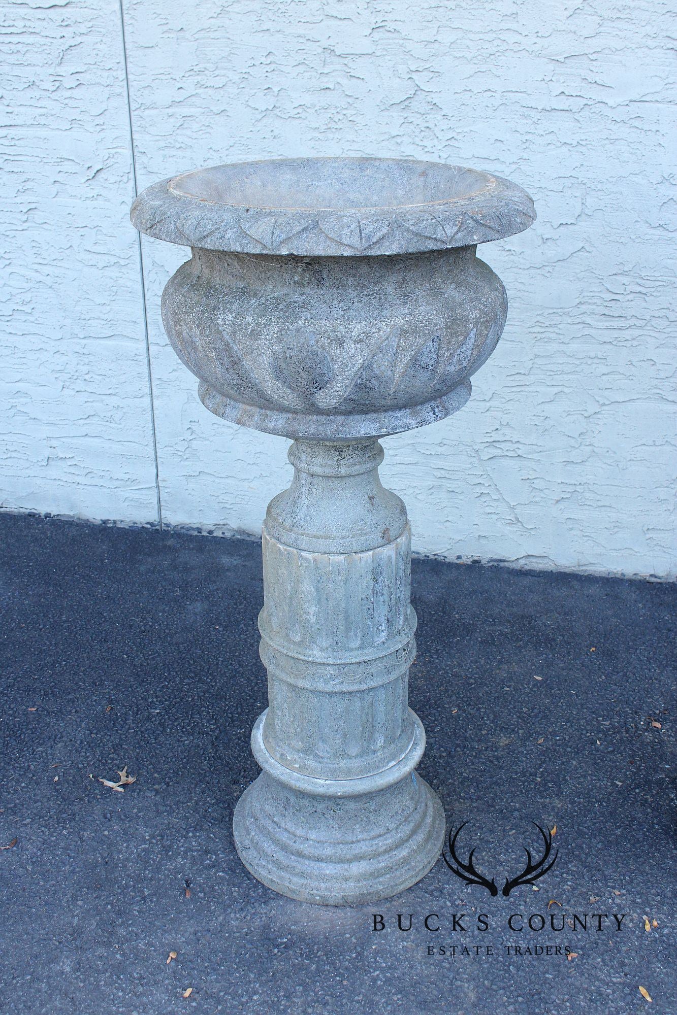 Vintage Pair Of Carved Granite Three Piece Garden Urns On Pedestals