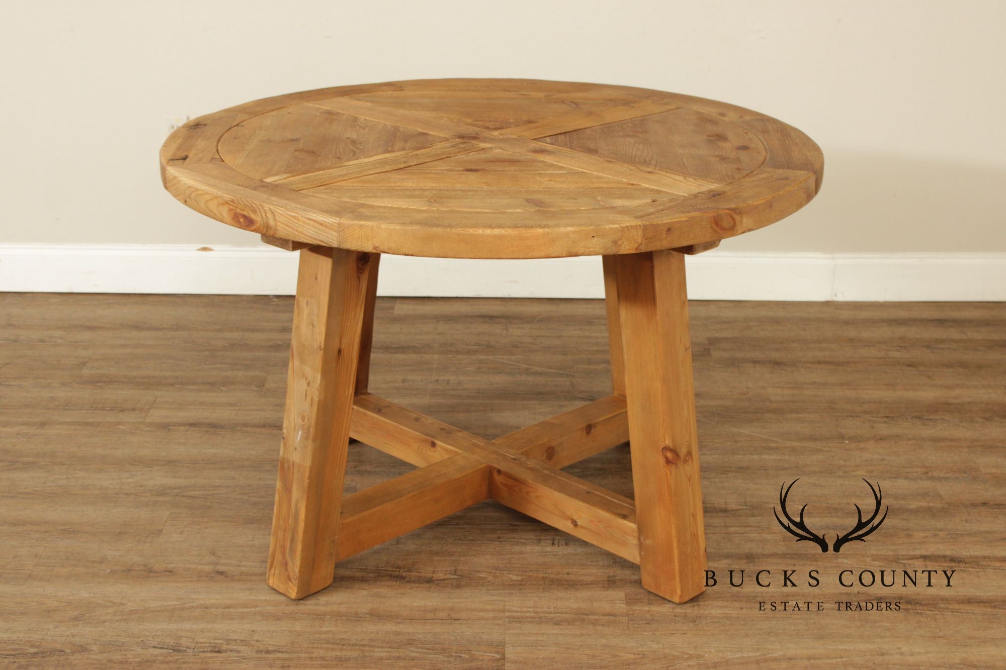 Rustic Industrial Round Pine Dining Or Center Table With X-Base