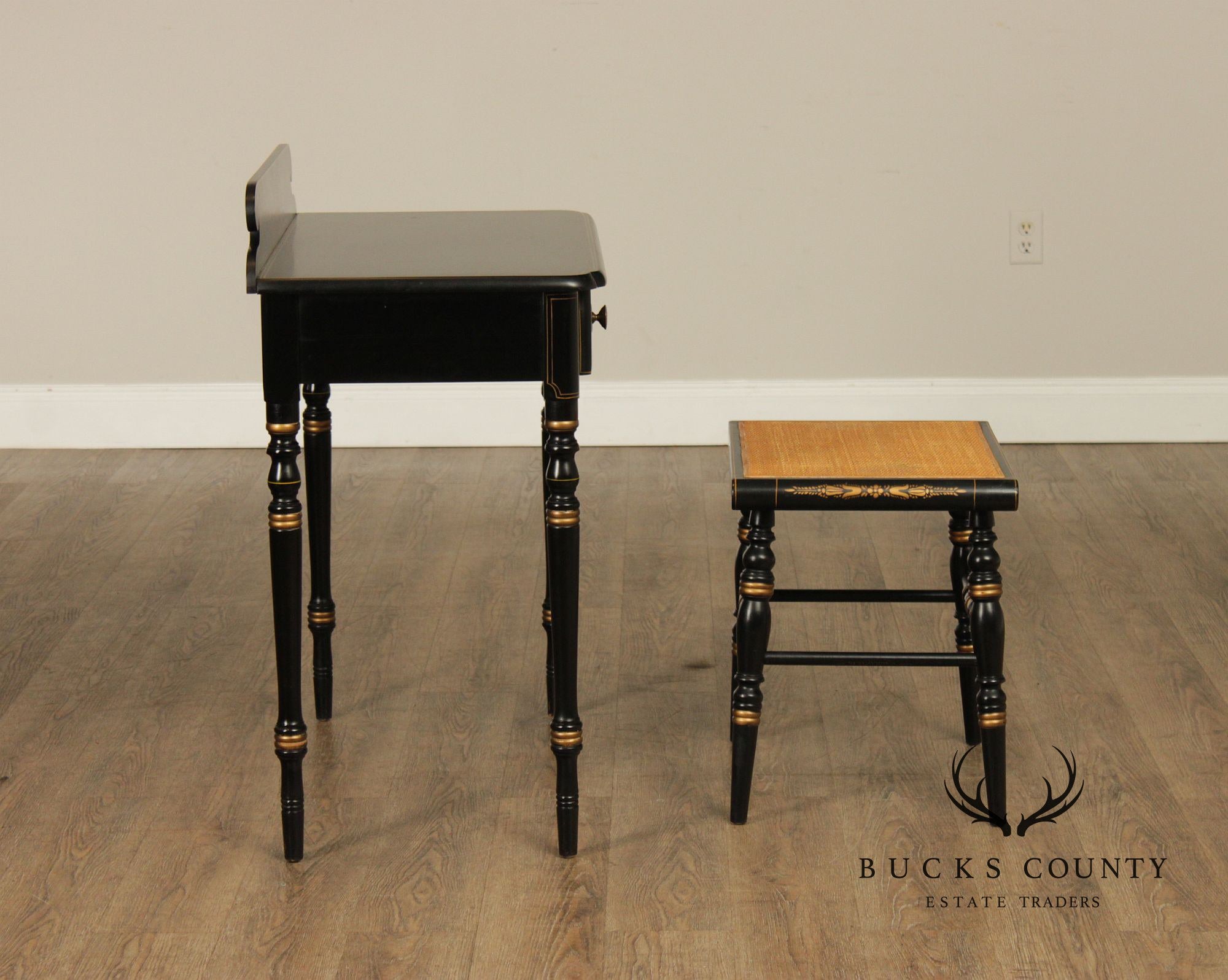 L. Hitchcock Black And Gold Stenciled Vanity Desk And Stool