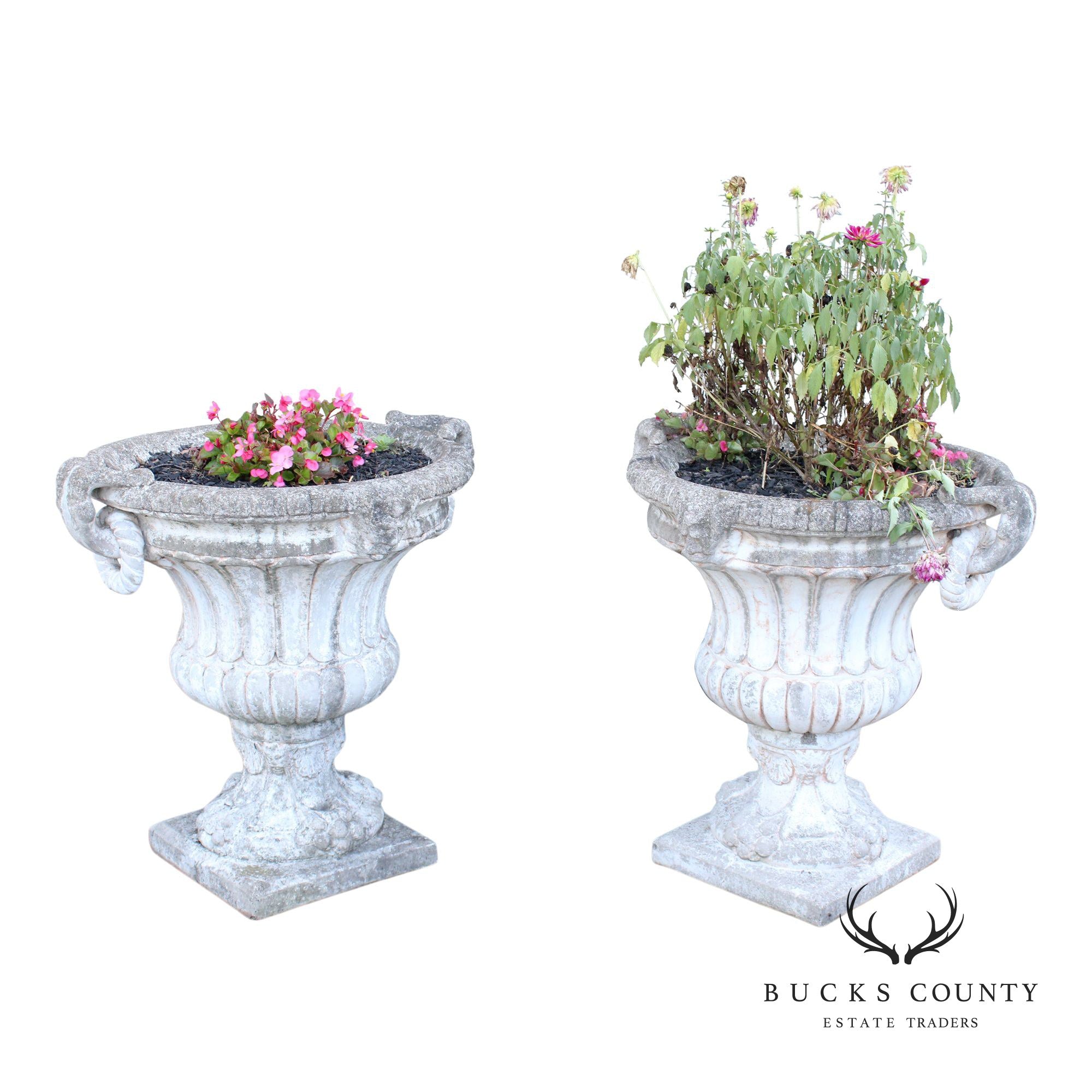Classical Style Pair of Cast Stone Garden Urns