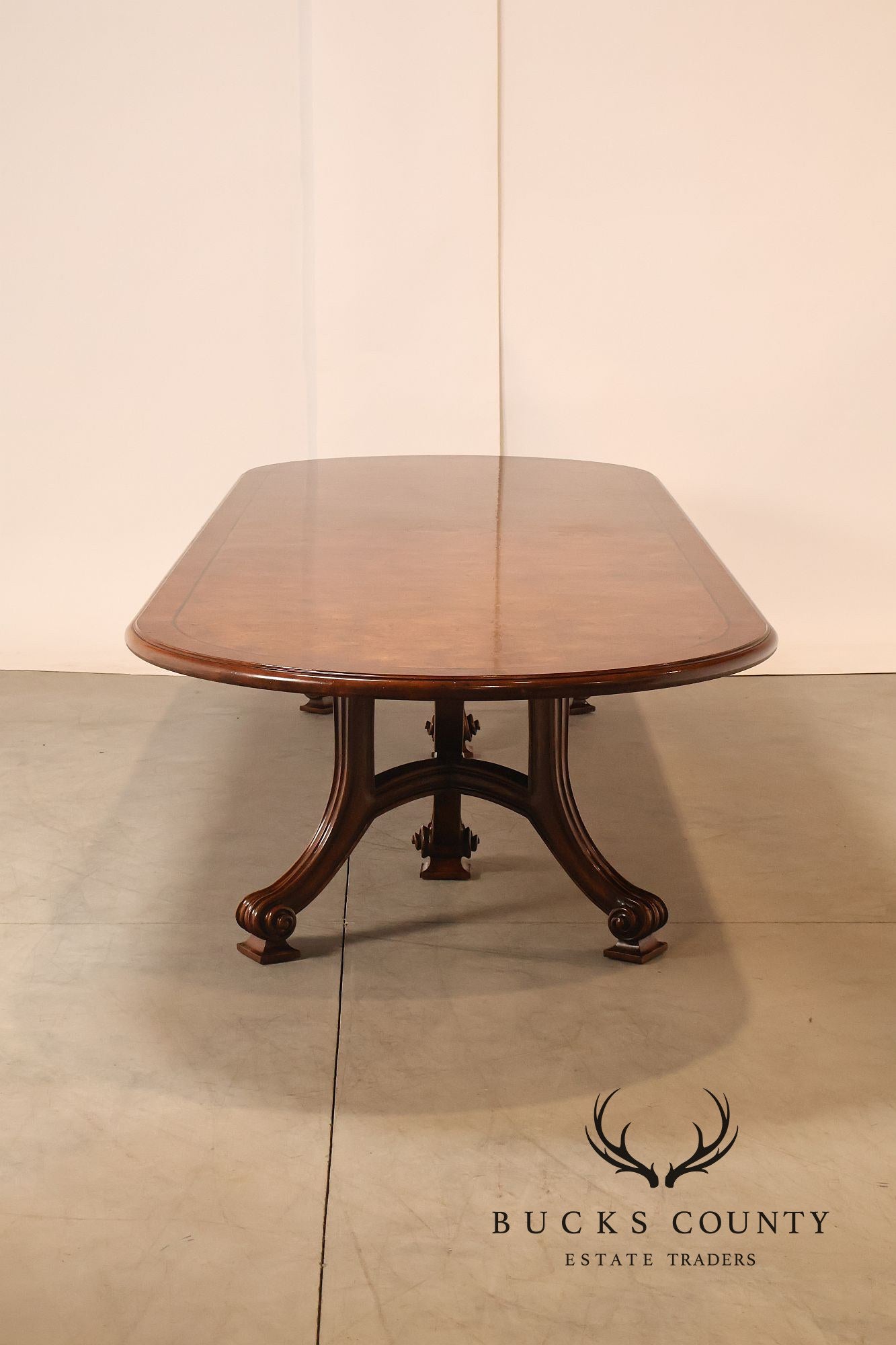 Dessin Fournir Banded Burlwood Large Double Pedestal Banquet Dining Table