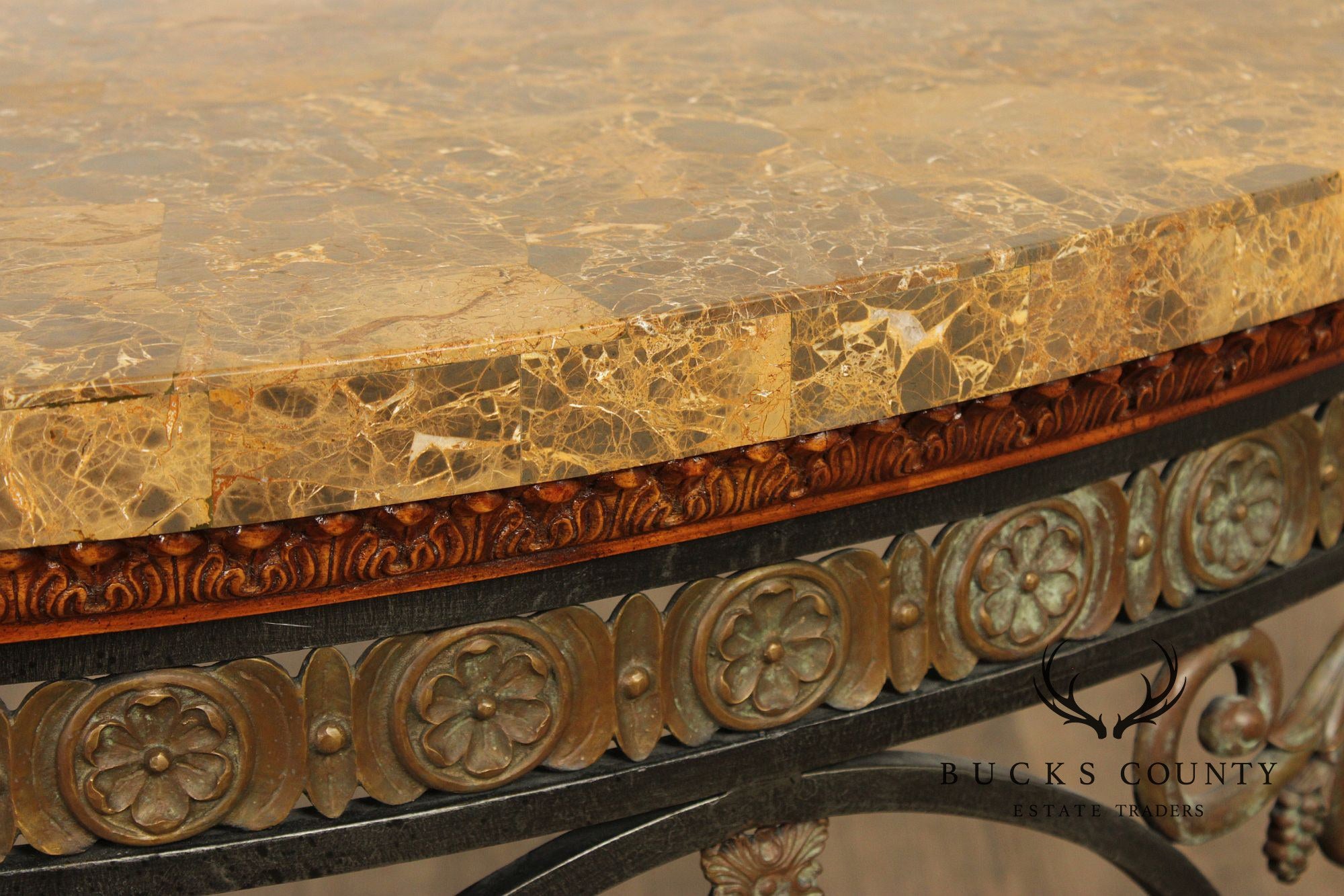 Maitland Smith Marble Top Demilune Wrought Iron Console Table
