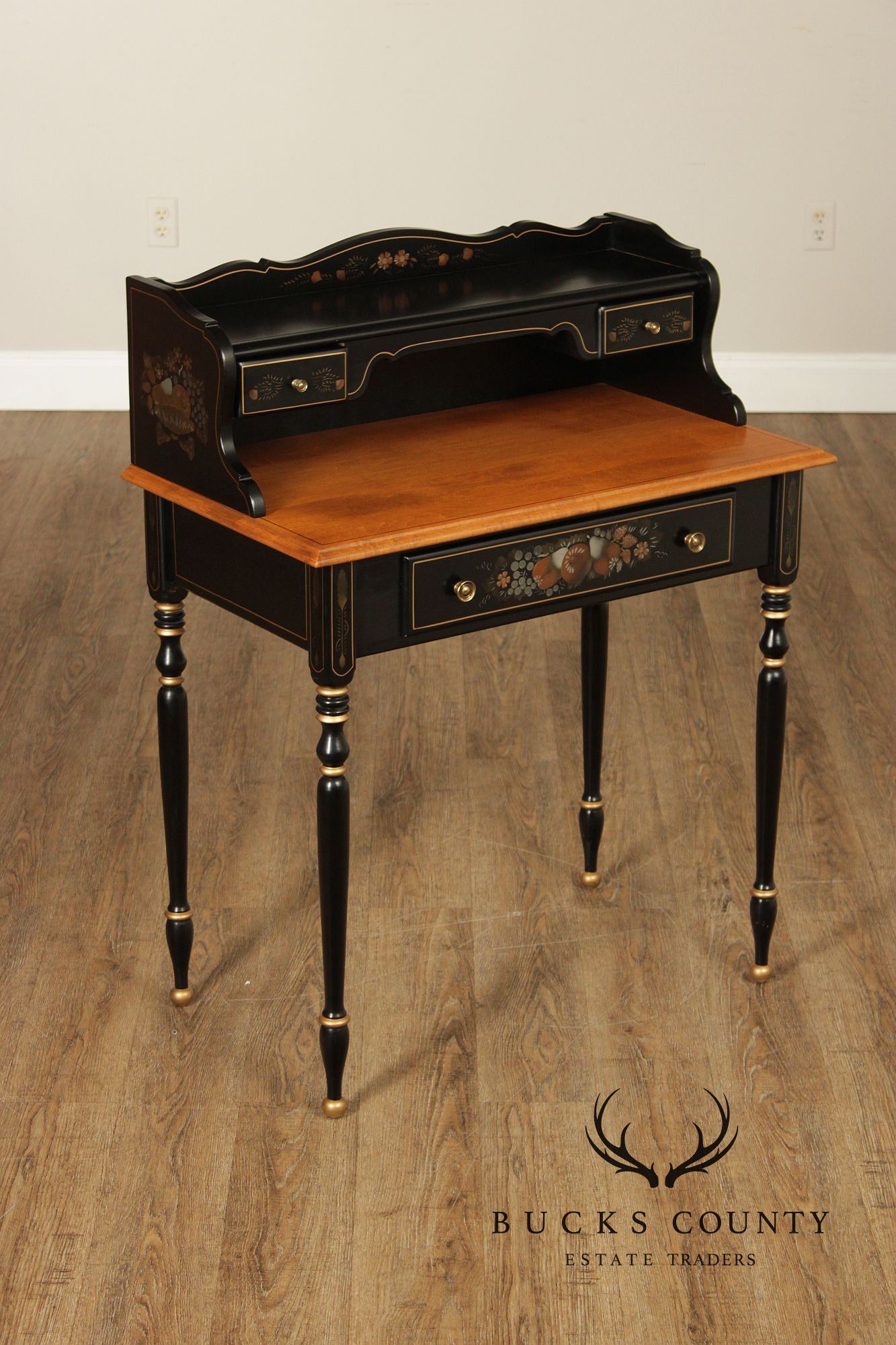 Ethan Allen Hitchcock Style Hand Painted Black Lacquer Writing Desk
