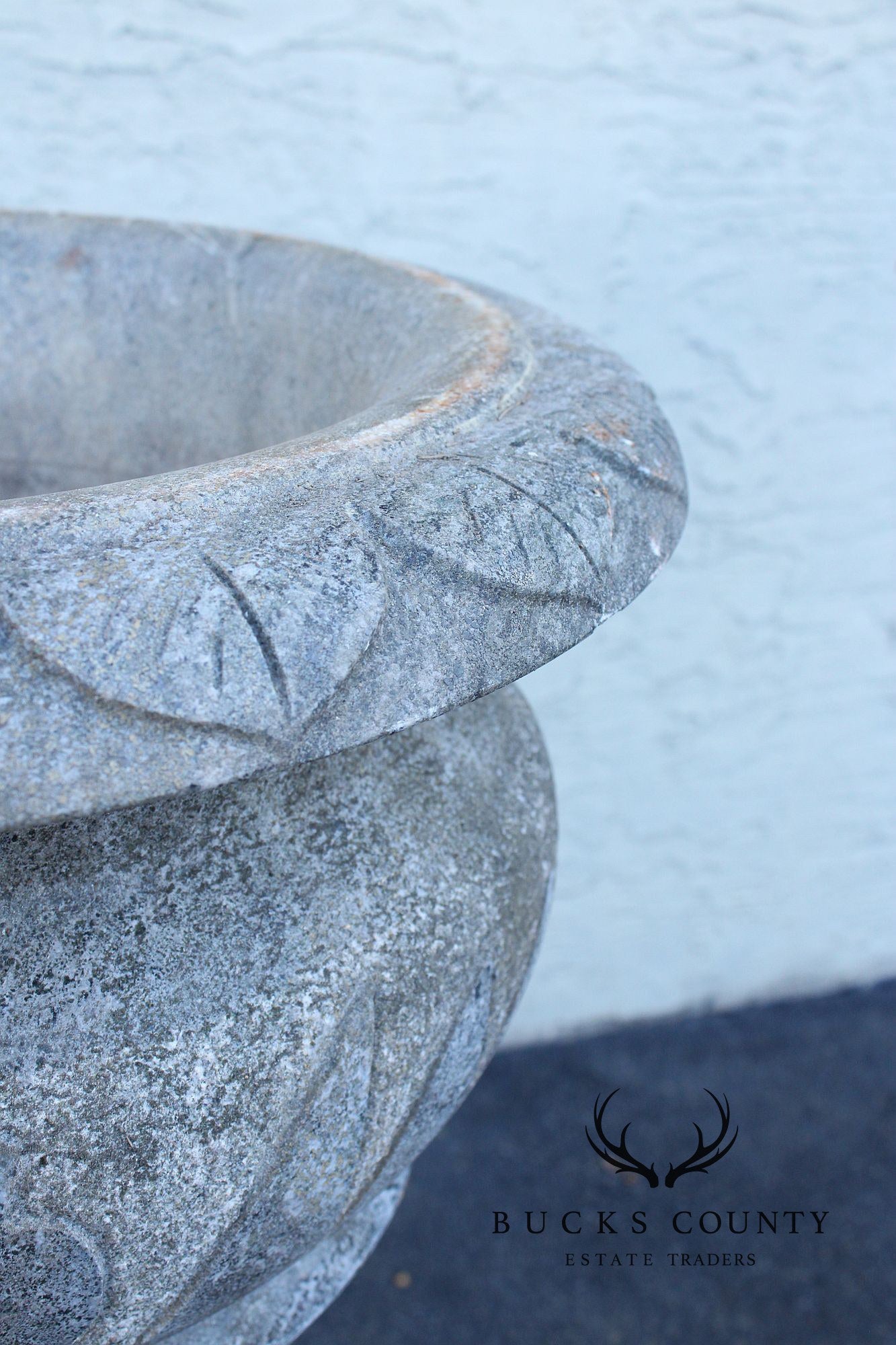 Vintage Pair Of Carved Granite Three Piece Garden Urns On Pedestals