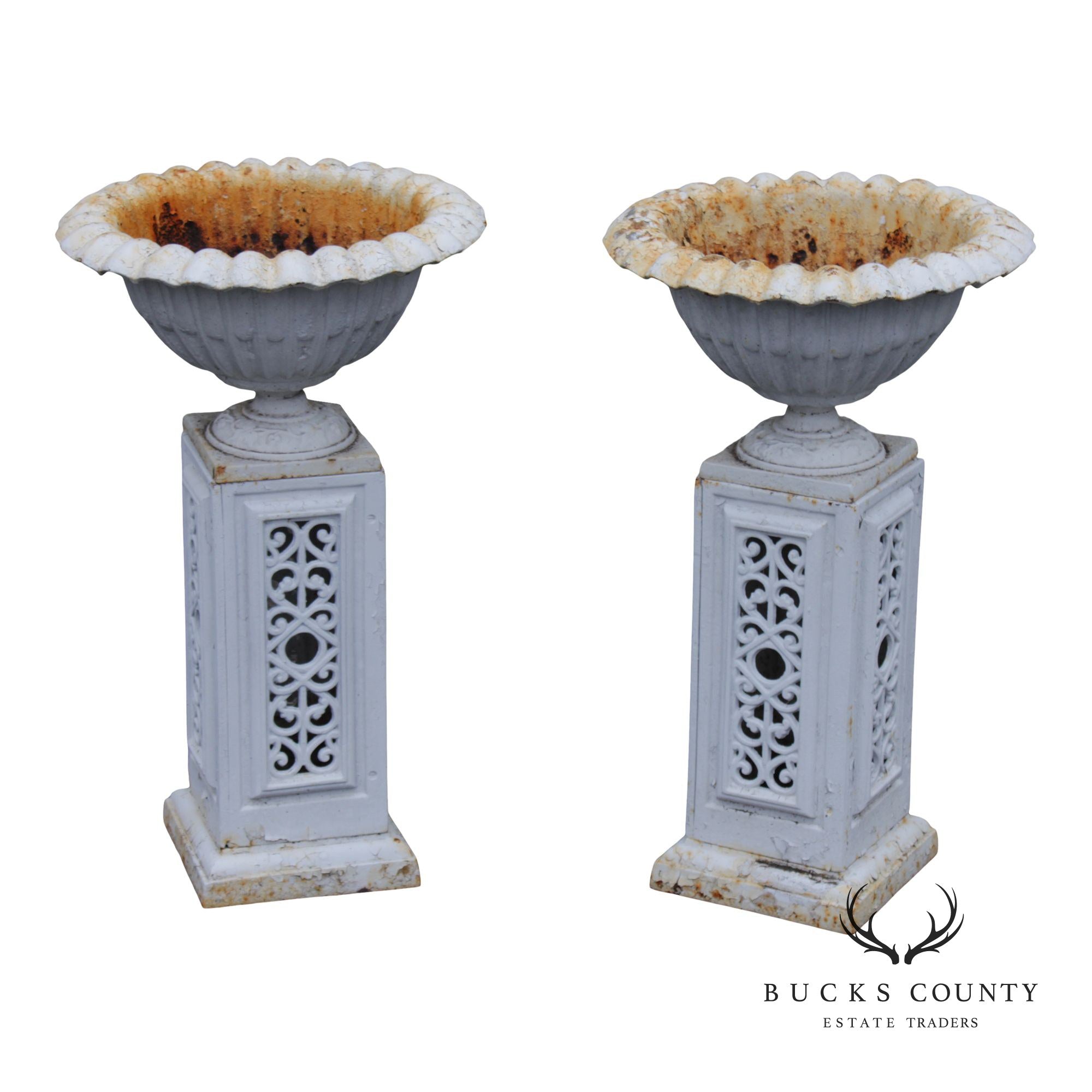 Vintage Pair of Painted Cast Iron Garden Urns on Stands