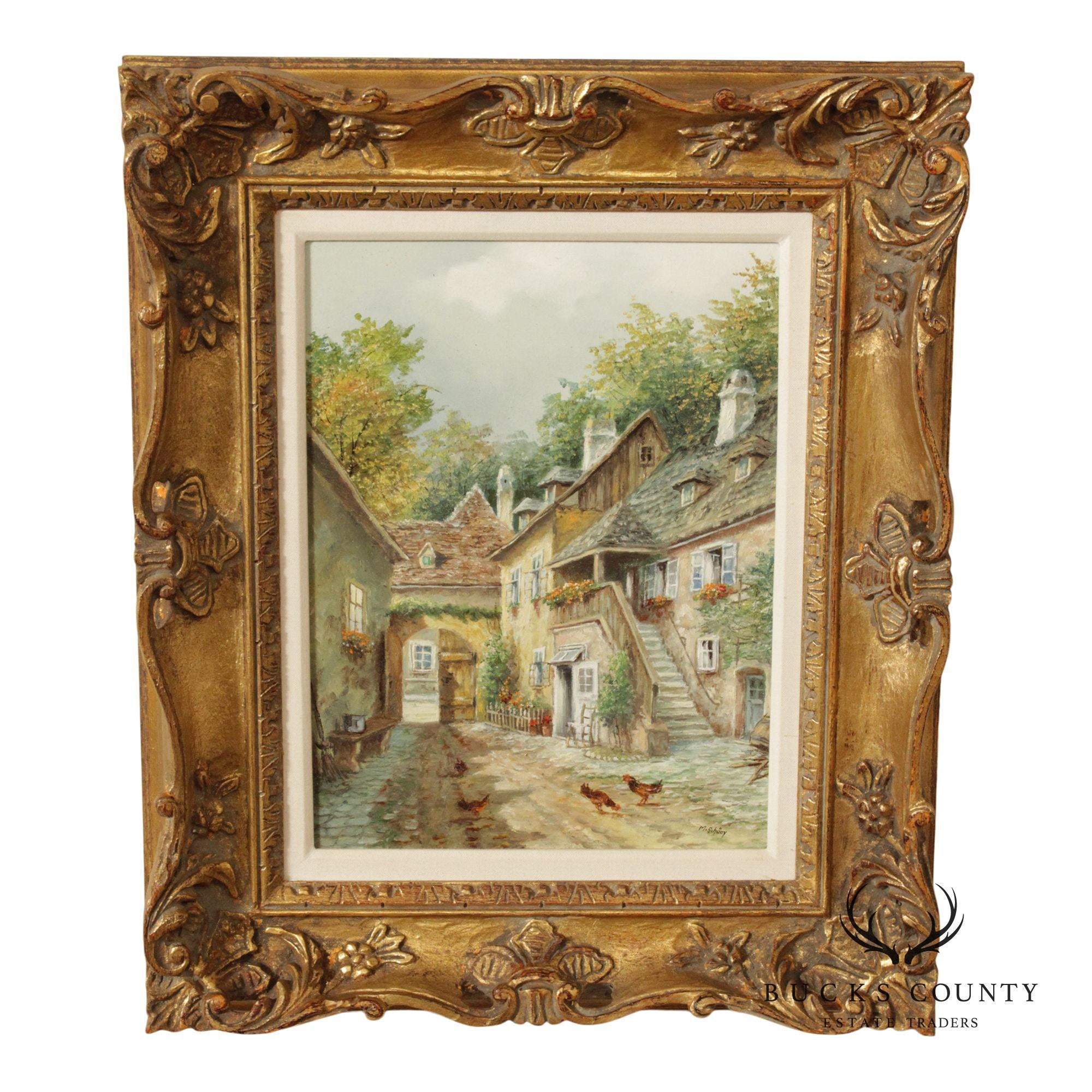 M. Schöny Oil Painting, European Courtyard