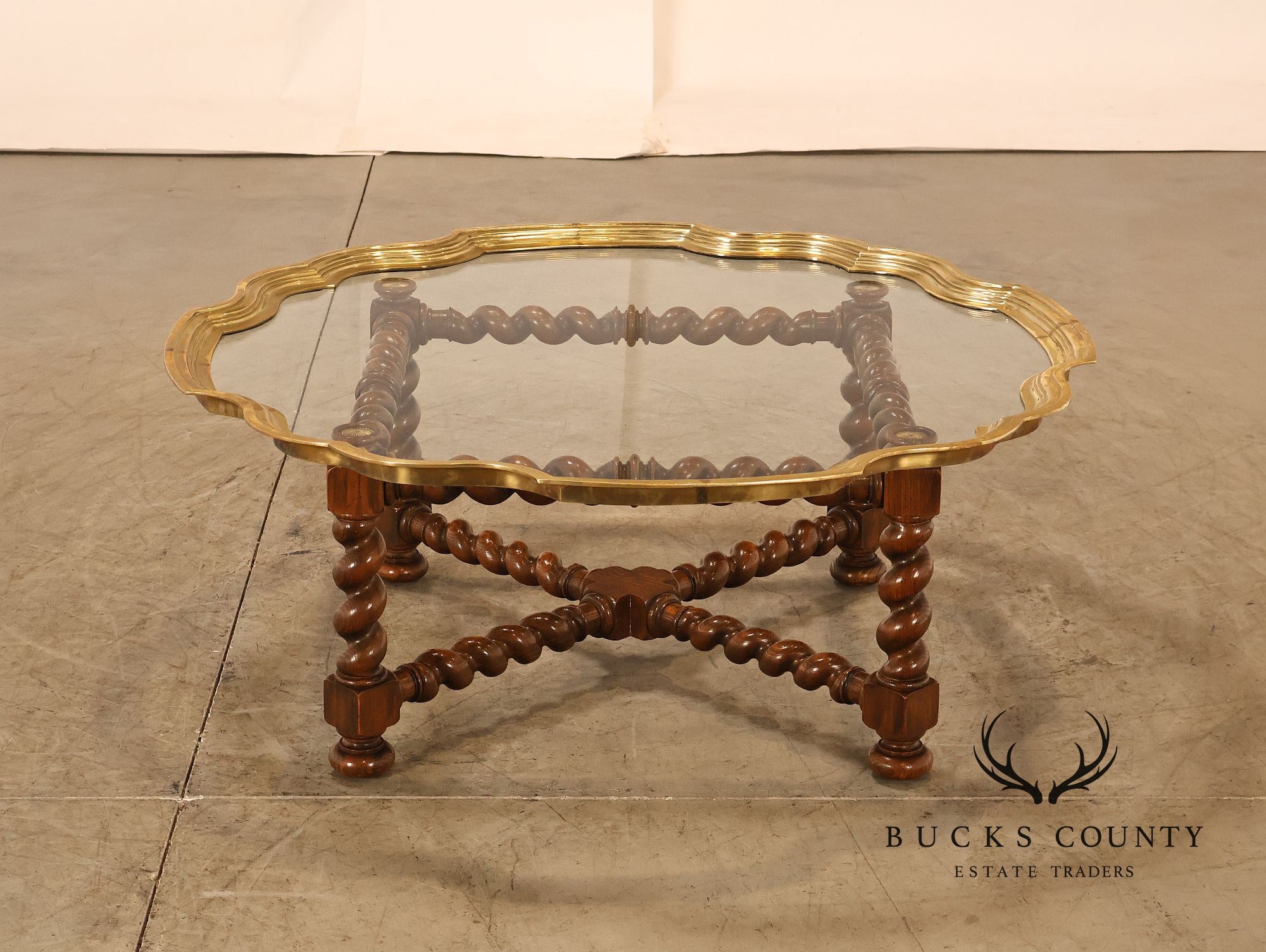 Baker Vintage Oak Barley Twist Scalloped Brass And Glass Top Coffee Table