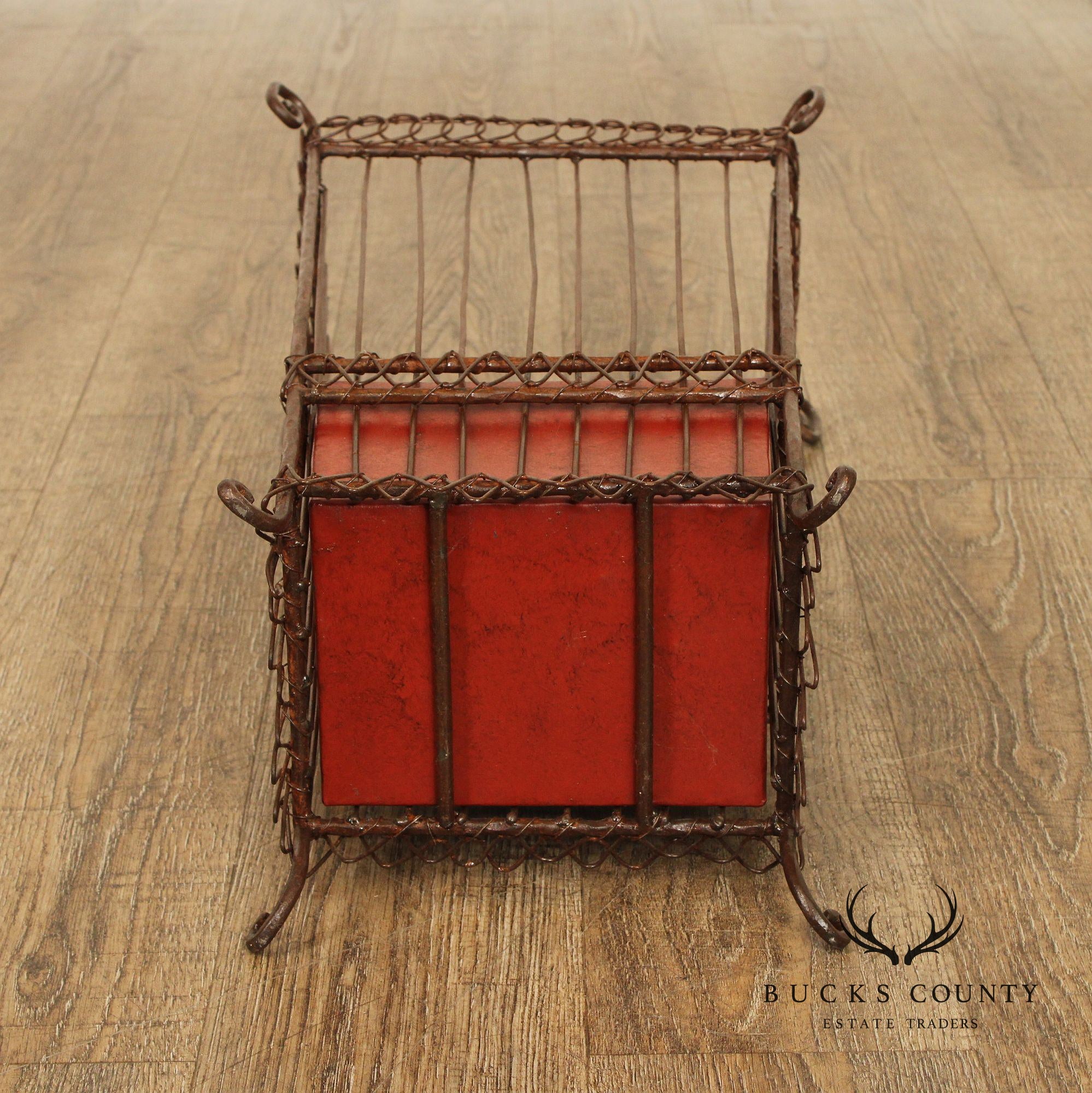 Vintage Wrought Iron Umbrella Stand with Red Liner