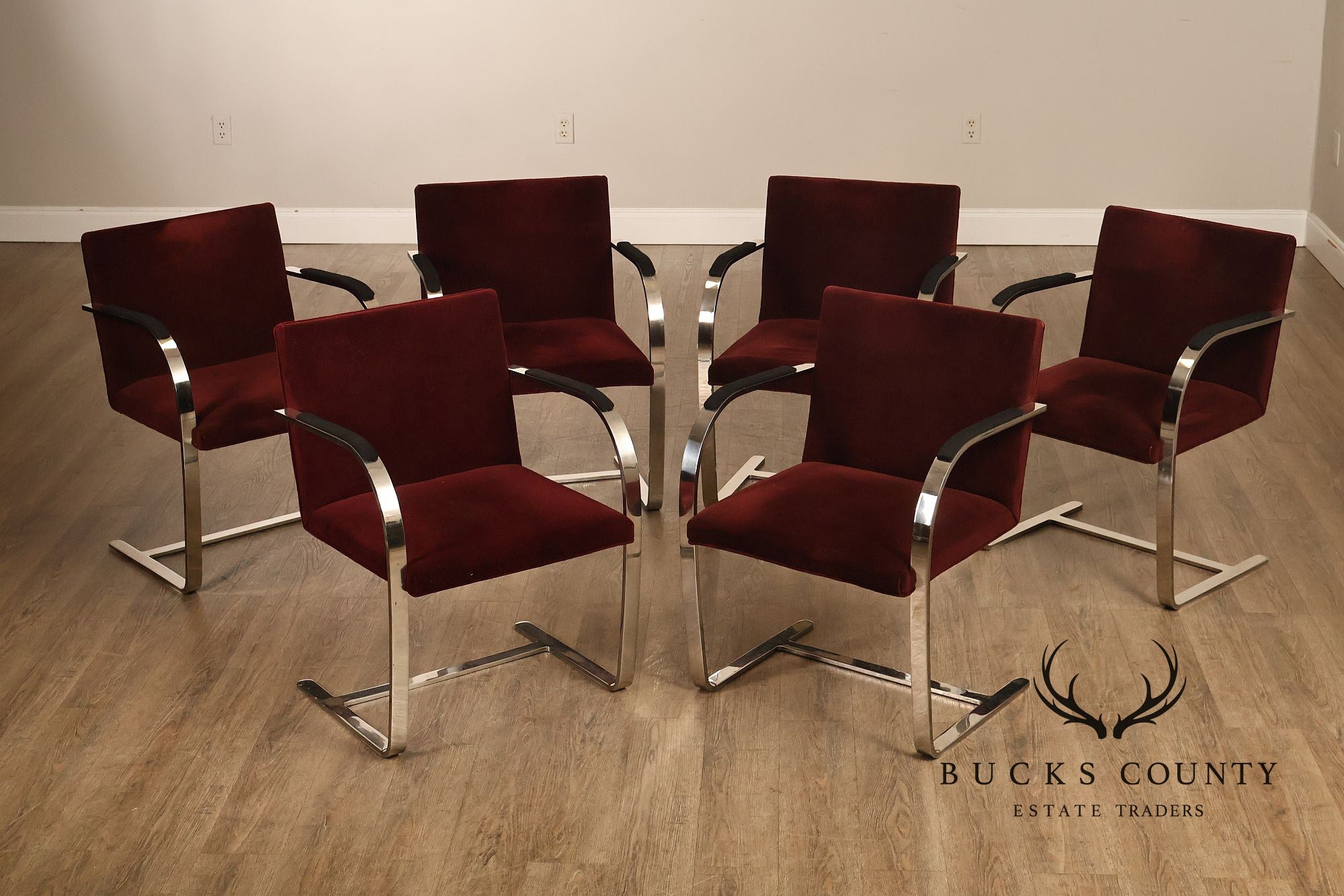 Knoll BRNO By Mies Van Der Rohe Mid Century Modern Set of Six Flat Bar Chrome Dining Chairs