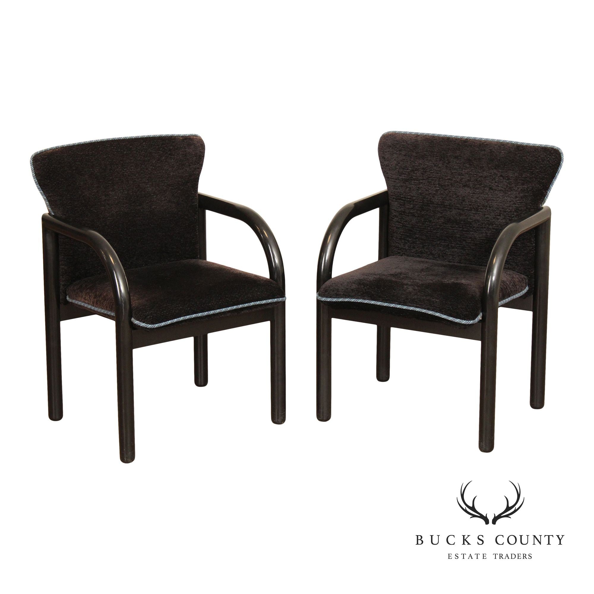 Postmodern Style Pair of Black Frame Upholstered Armchairs