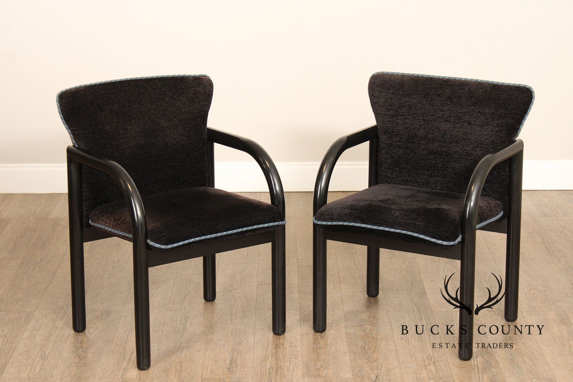 Postmodern Style Pair of Black Frame Upholstered Armchairs