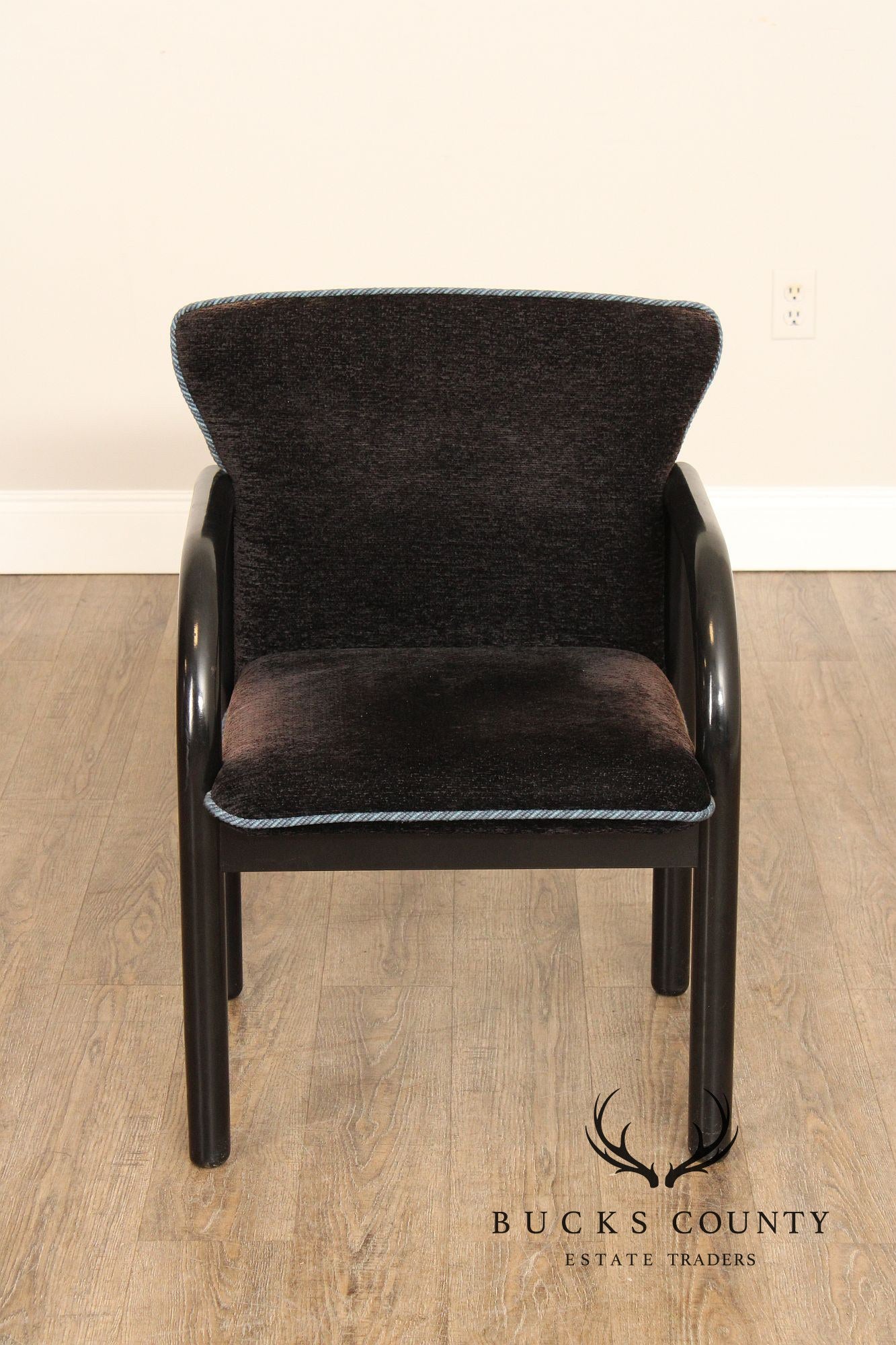 Postmodern Style Pair of Black Frame Upholstered Armchairs