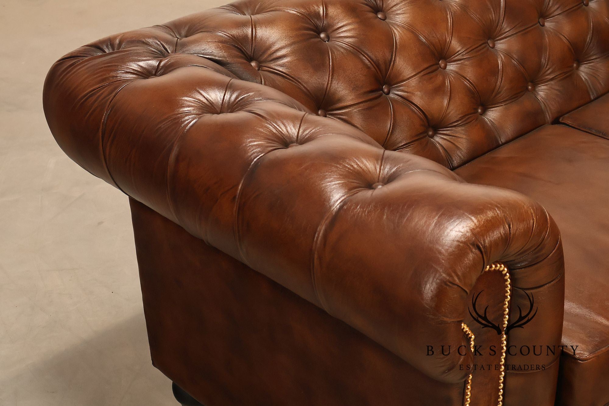 Chesterfield Style 6 Foot Cognac Brown Tufted Leather Sofa