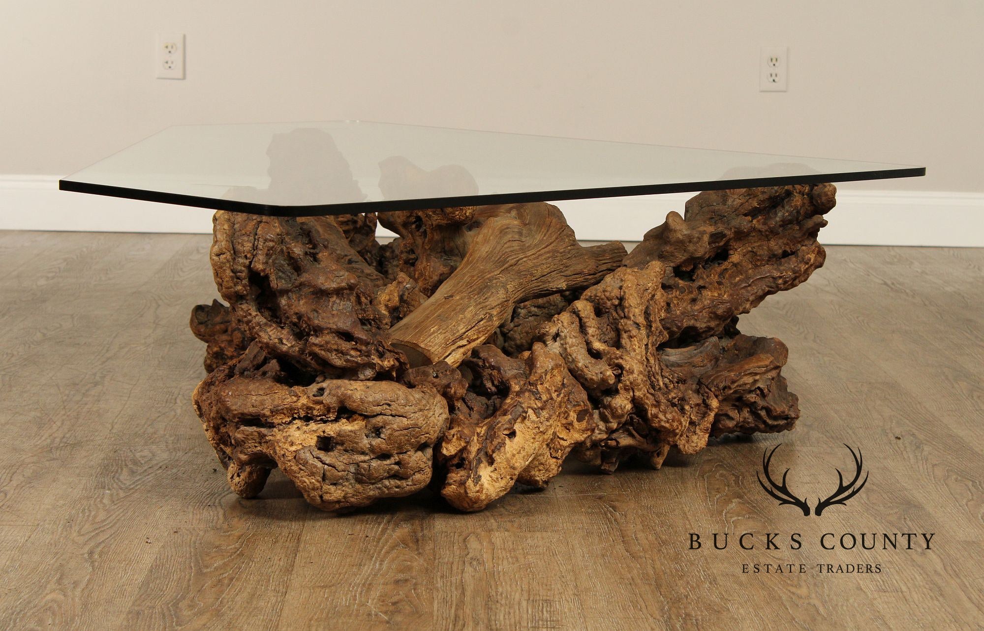 Mid Century Modern Root Burlwood and Glass Top Coffee Table