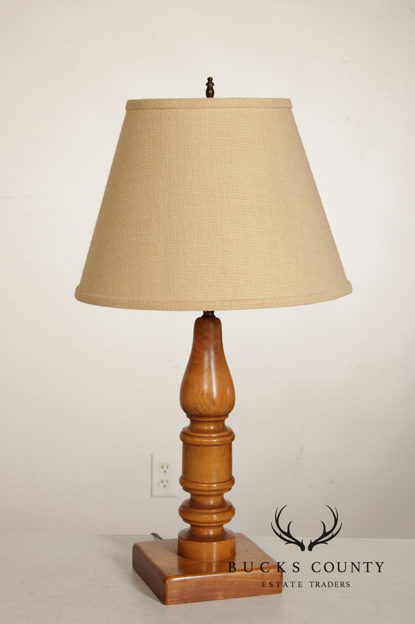 Colonial Revival Pair of Turned Cherry Wood Table Lamps