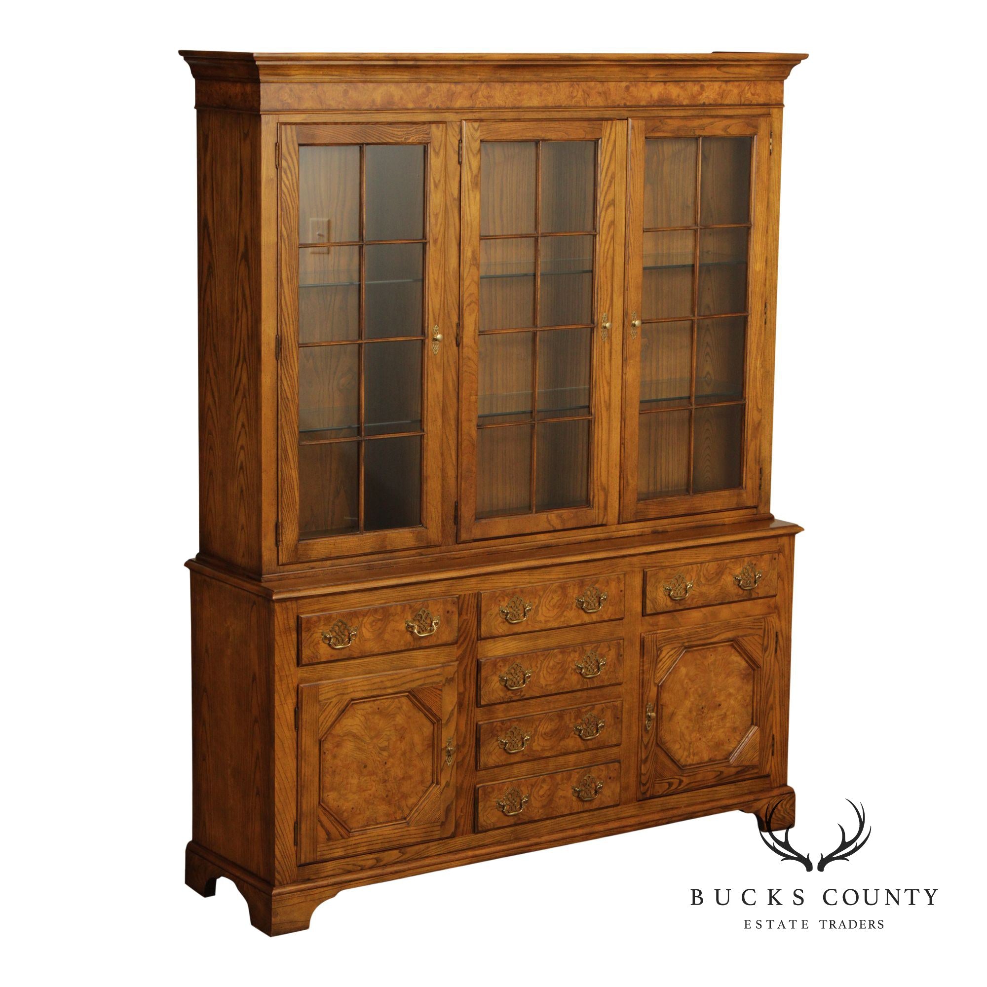 Baker Furniture Georgian Style Burled Oak Breakfront China Cabinet